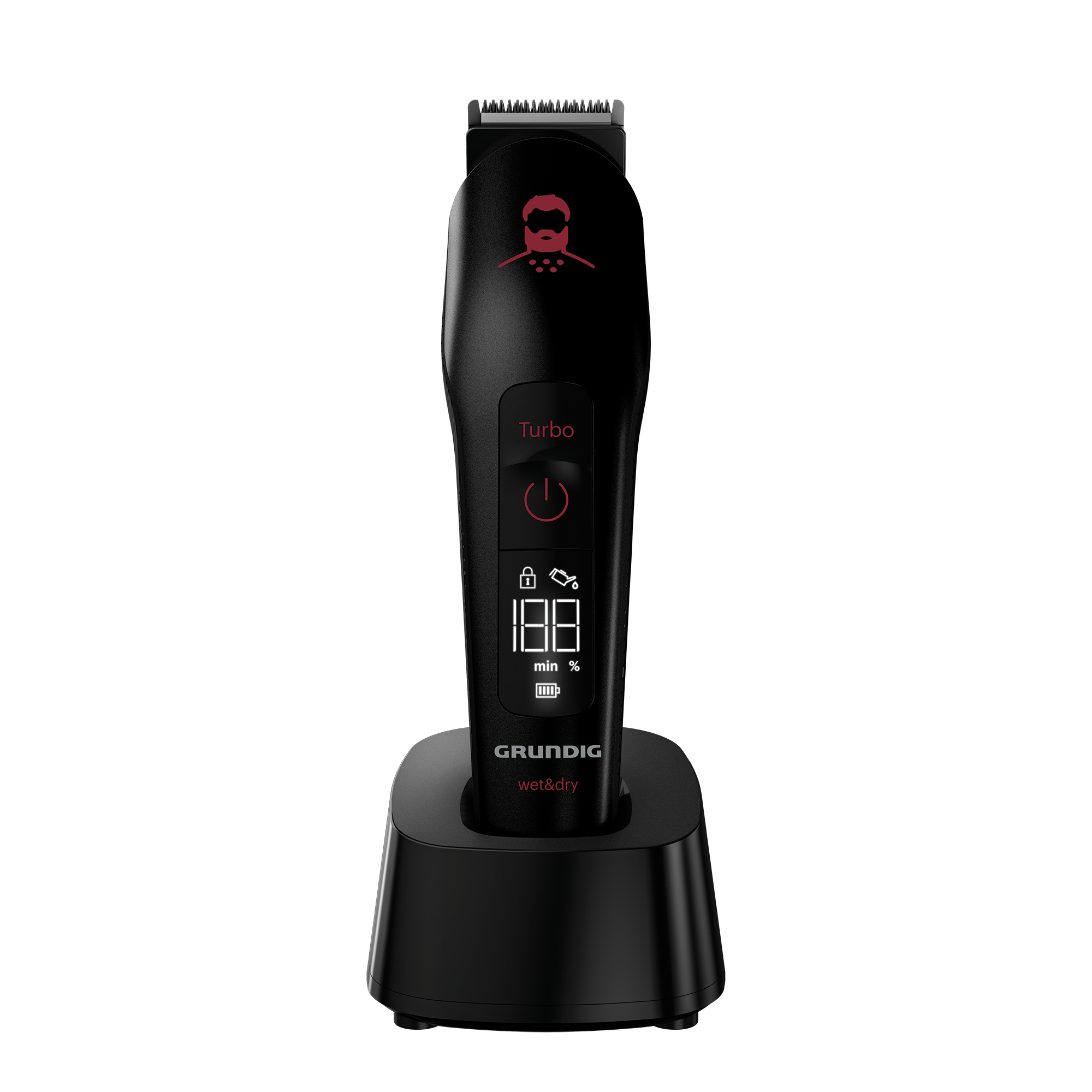 Şarj tabanında Grundig wet & dry tıraş makinesi. Siyah cihaz, kırmızı Turbo düğmesi ve dijital ekran.