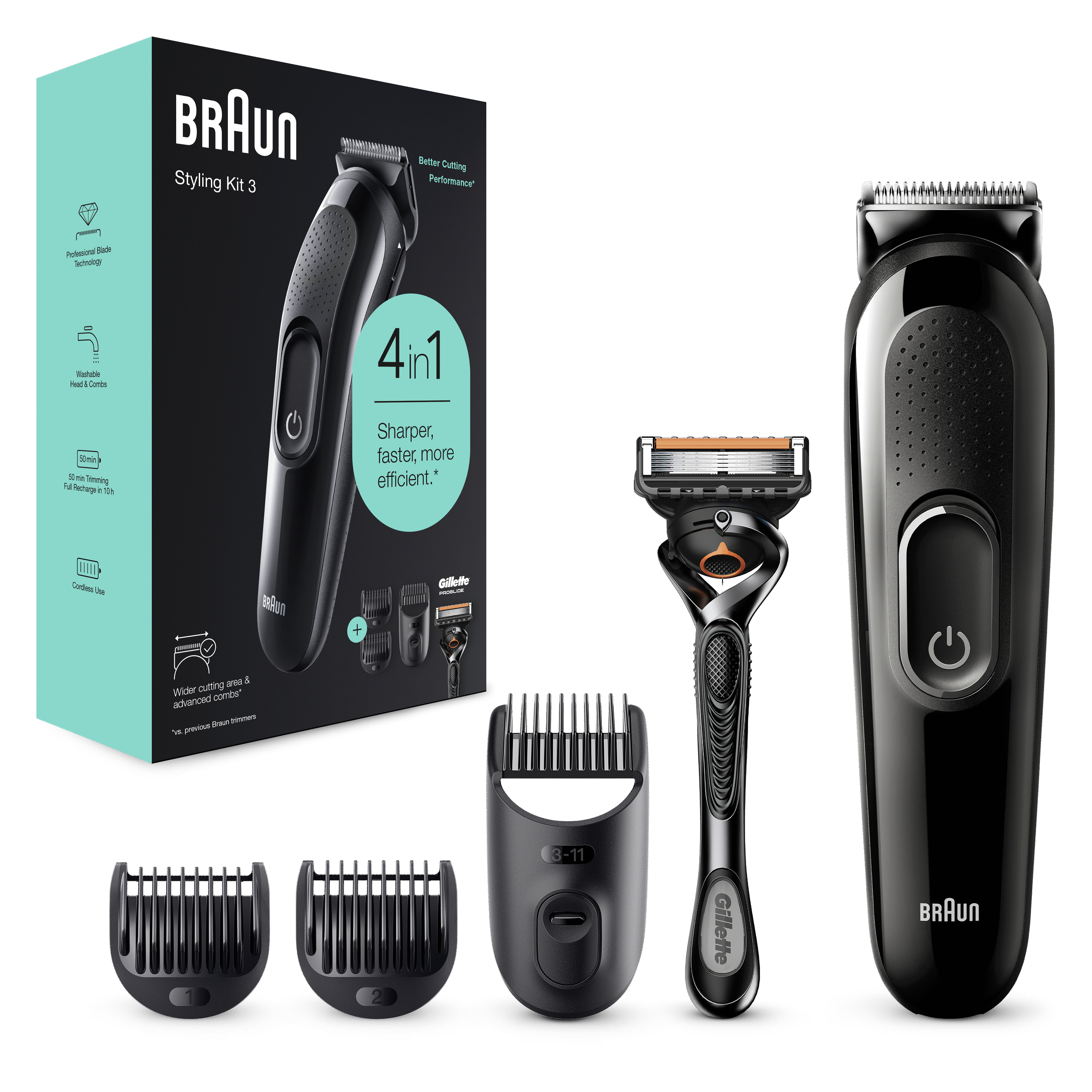 Braun Styling Kit 3 with trimmer, attachments, razor and box on a white background.