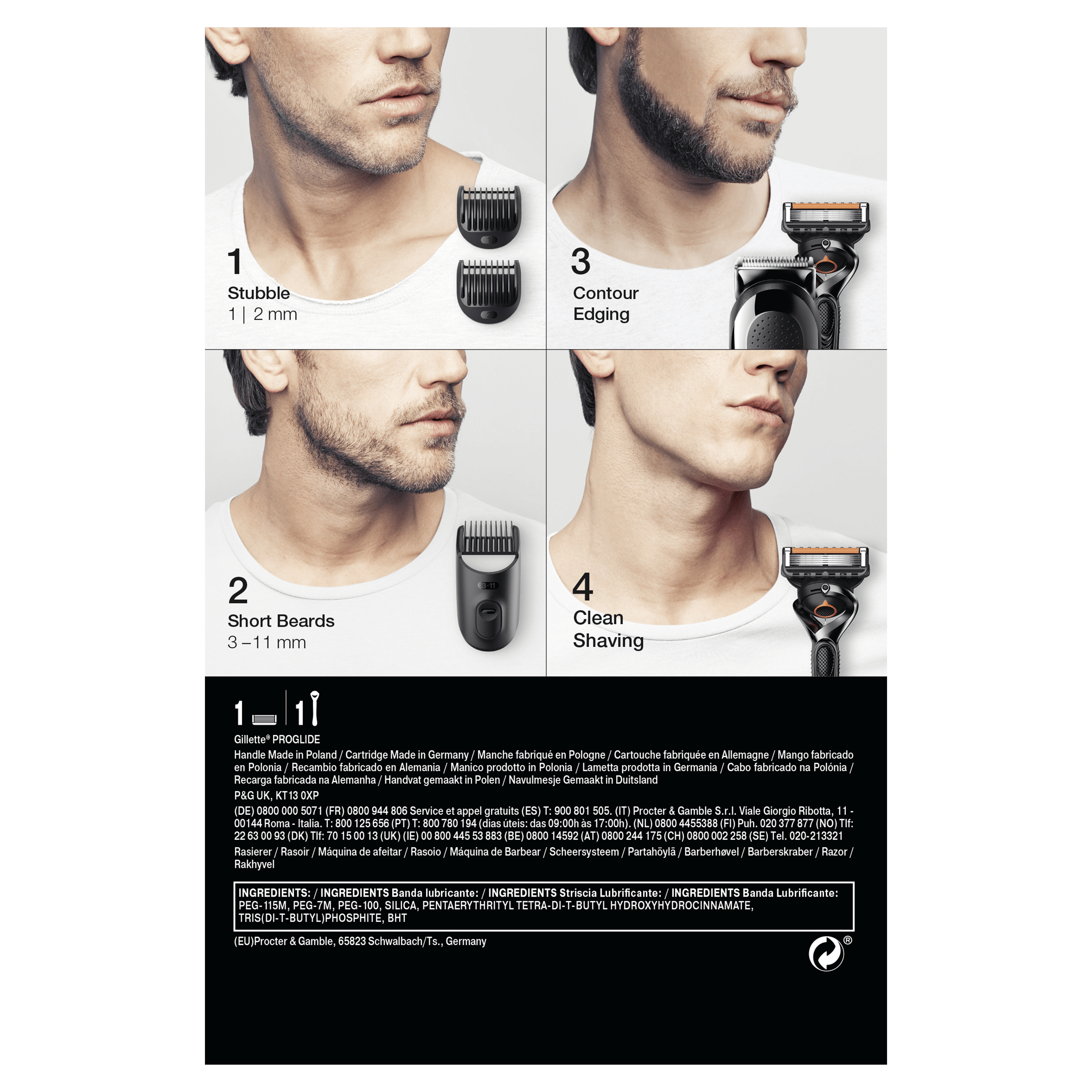 Four images showing beard styles: stubble, short, long, and clean shaved, with products.