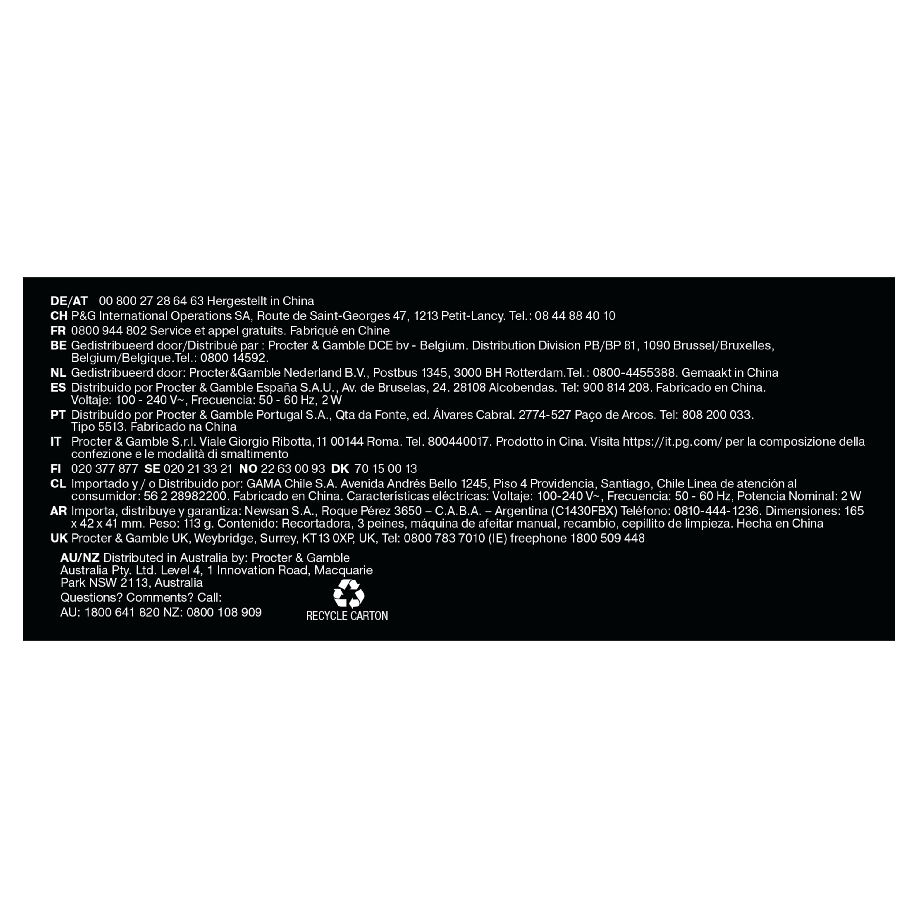 Black and white text on a black background with contact and recycling information.