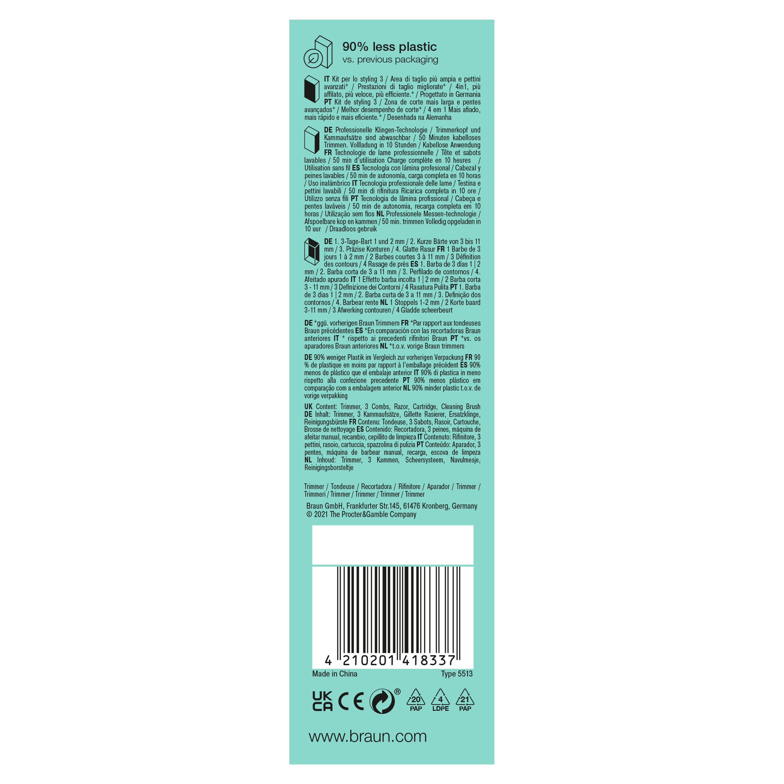 A white product information sheet with text in multiple languages, showing product details and instructions.