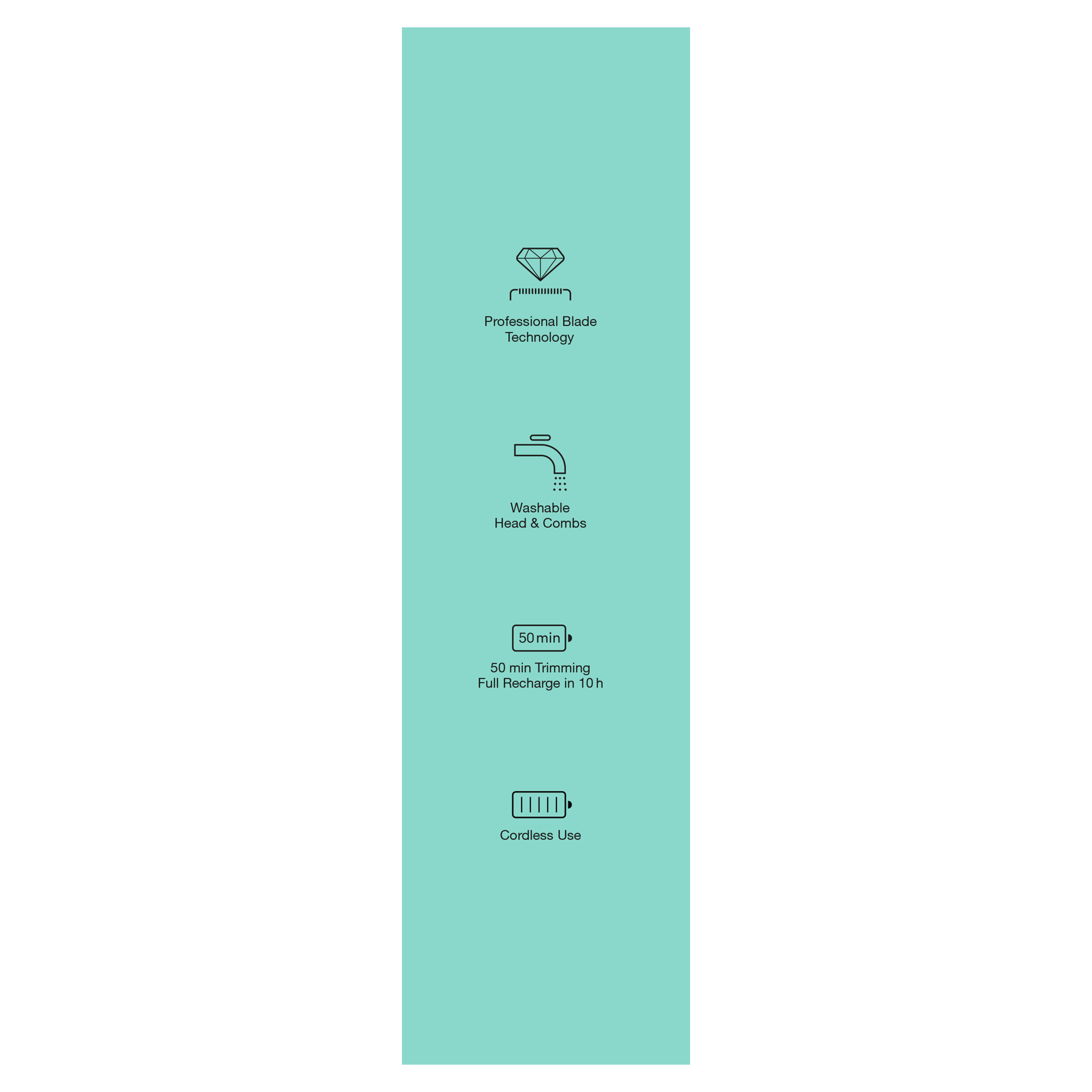Graphics with symbols and text, with a teal background.  Icons for tech specs.