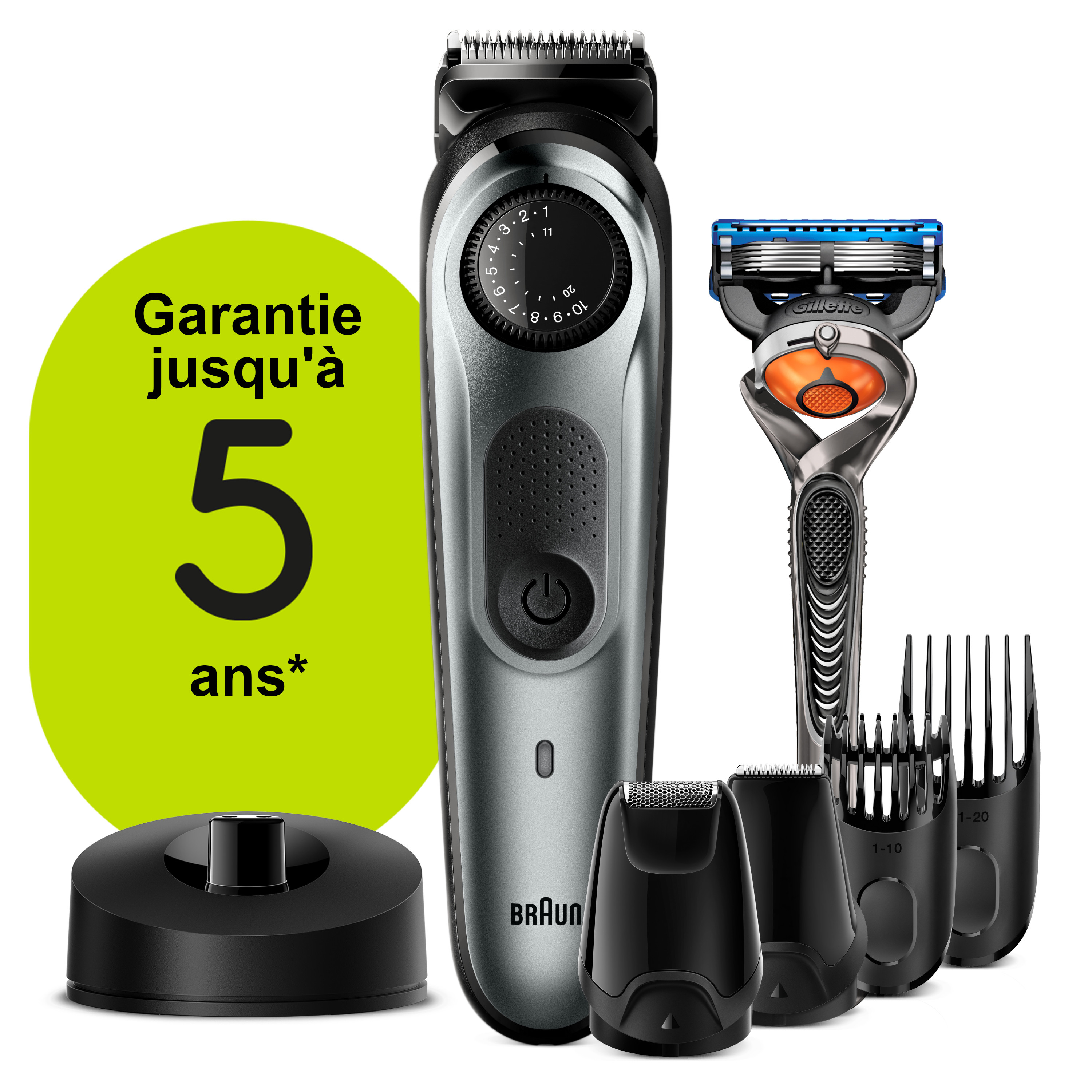 Braun düzeltici, Gillette tıraş makinesi, taraklar, beyaz zemin üzerinde. Gümüş ve siyah düzeltici, şarj tabanı, yeşil.