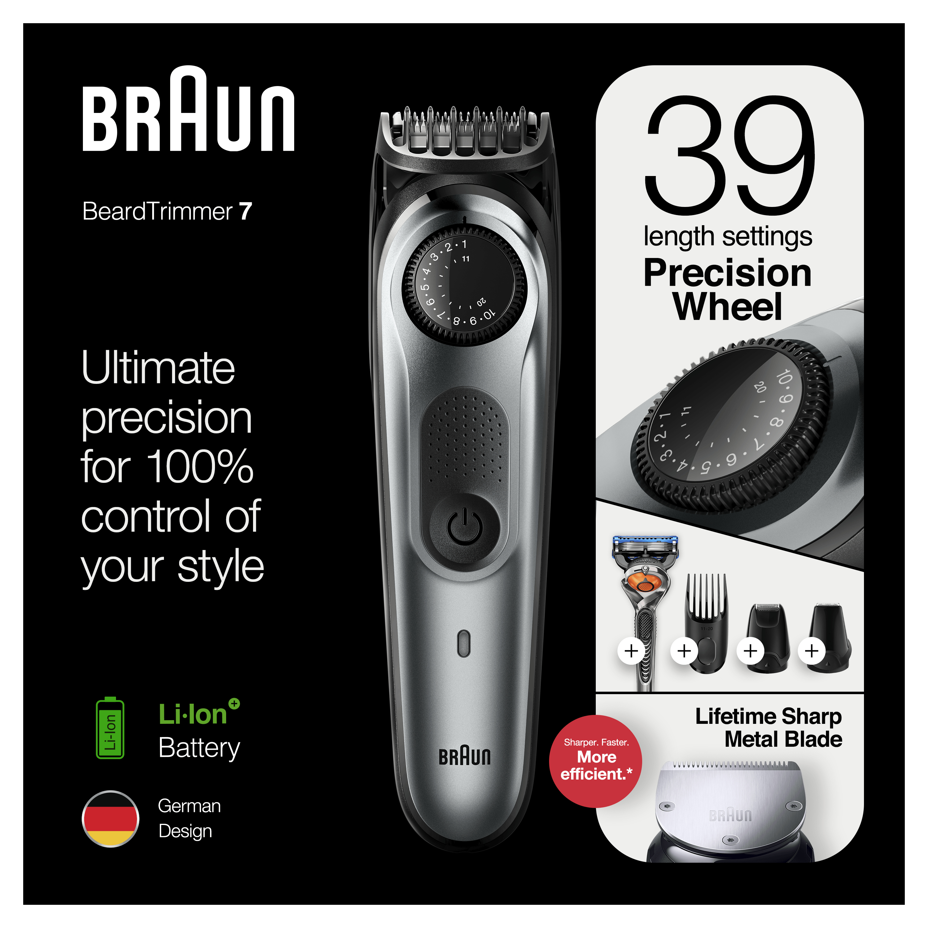Braun BeardTrimmer 7. Gümüş düzeltici, aksesuarlar ve ayarlar. Metin: Üstün hassasiyet.
