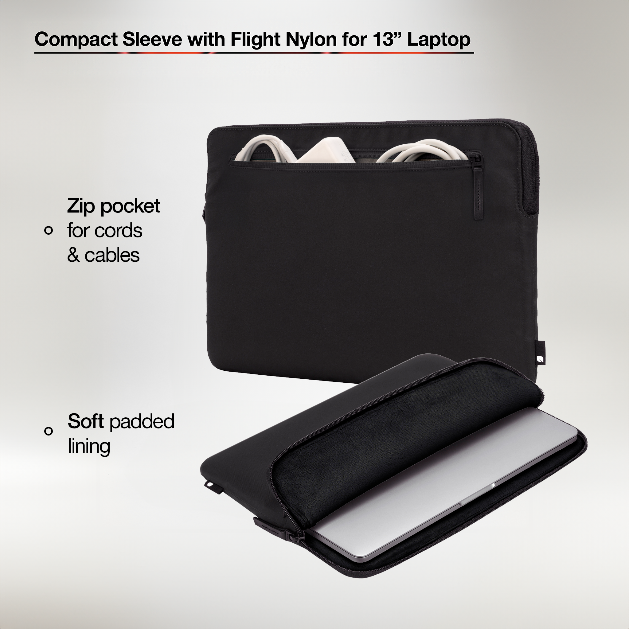 Custodia per laptop nera. Custodia aperta con laptop all'interno. Testo: Tasca con zip per cavi. Fodera imbottita.