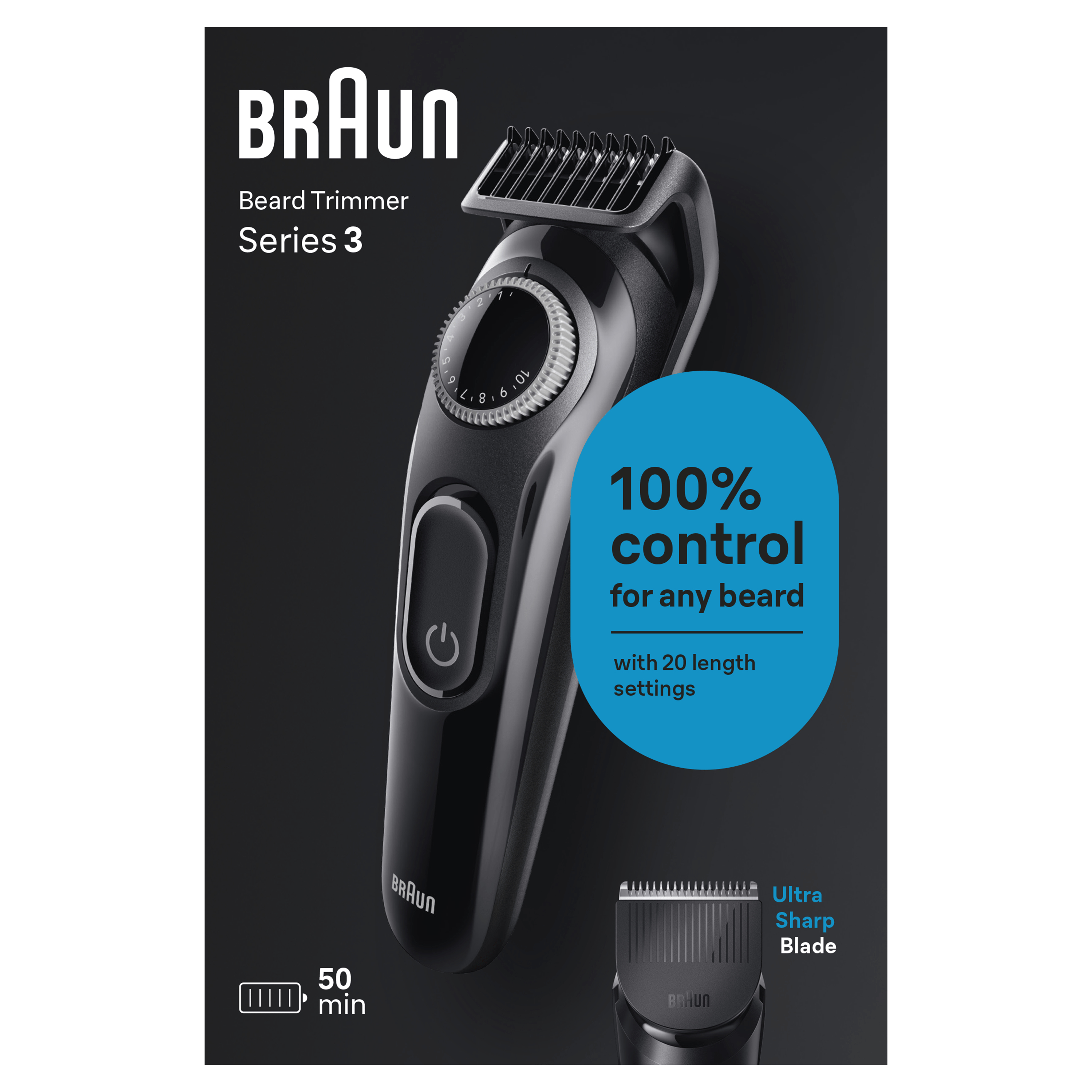 Trymer do brody Braun Series 3 ze 100% kontrolą, 20 ustawieniami długości i ultra ostrym ostrzem.