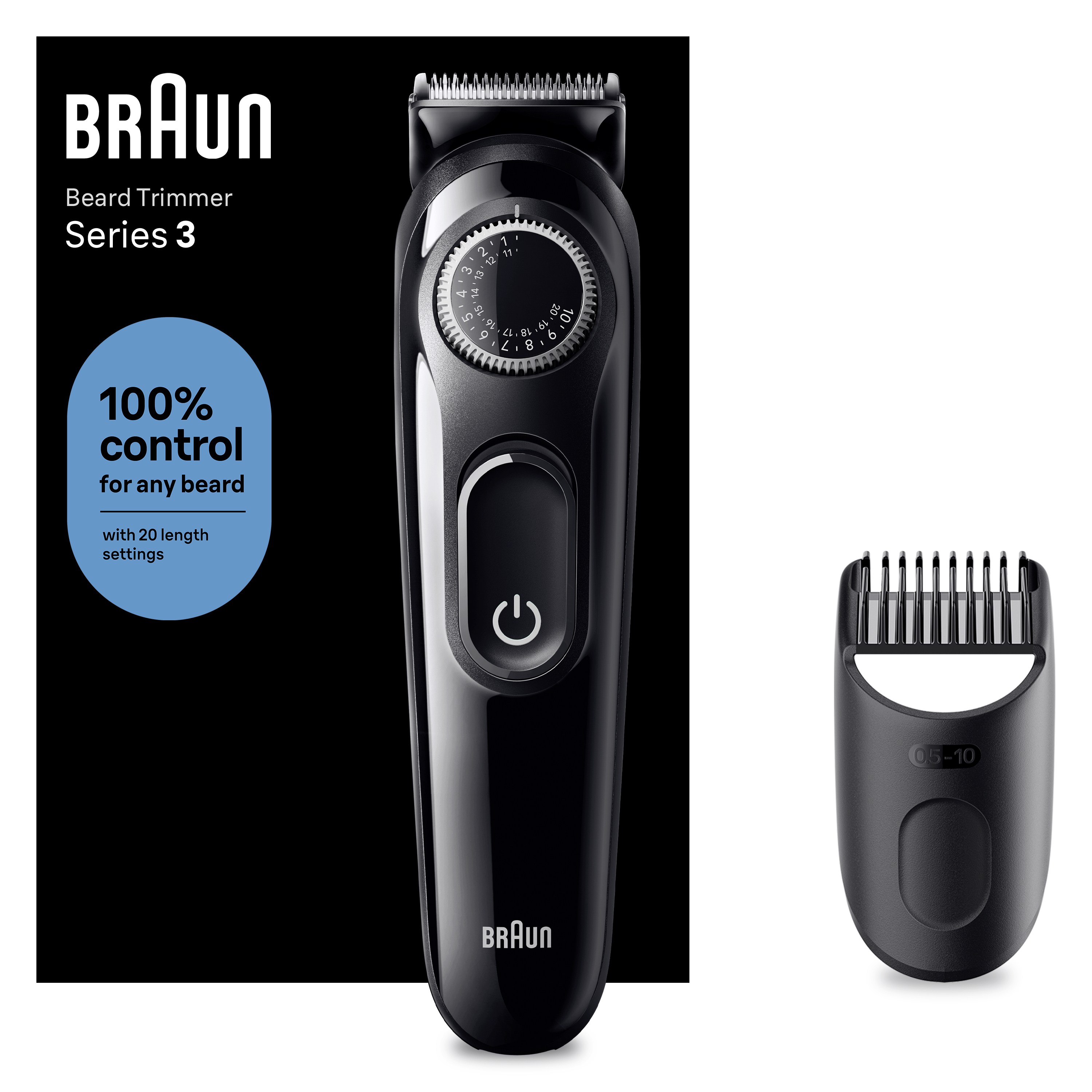 Trymer do brody Braun Series 3 ze 100% kontrolą i 20 ustawieniami. Czarne tło.