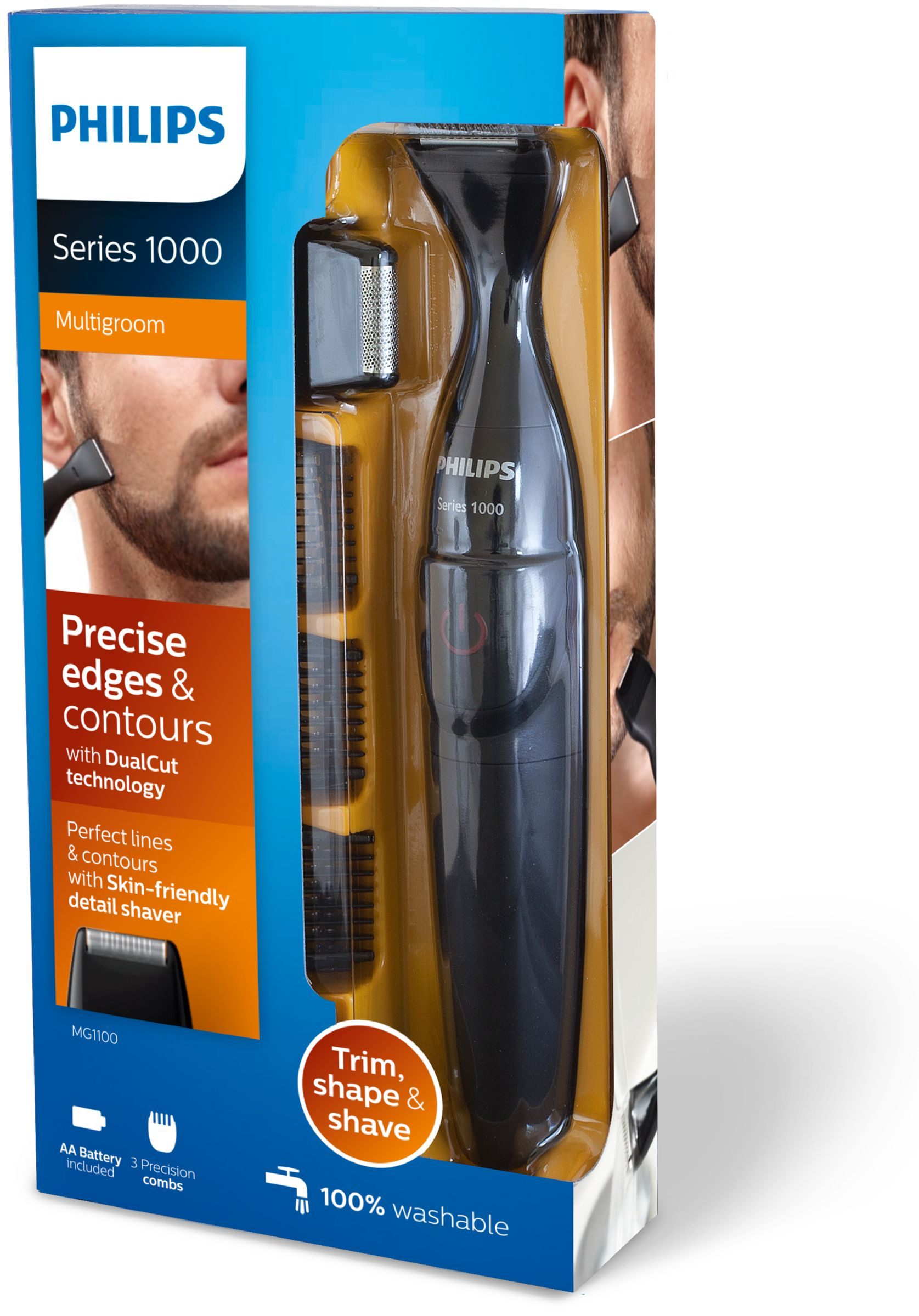 Kit multigroom Philips Series 1000 en embalaje. Incluye recortadora, peines y afeitadora de detalle.