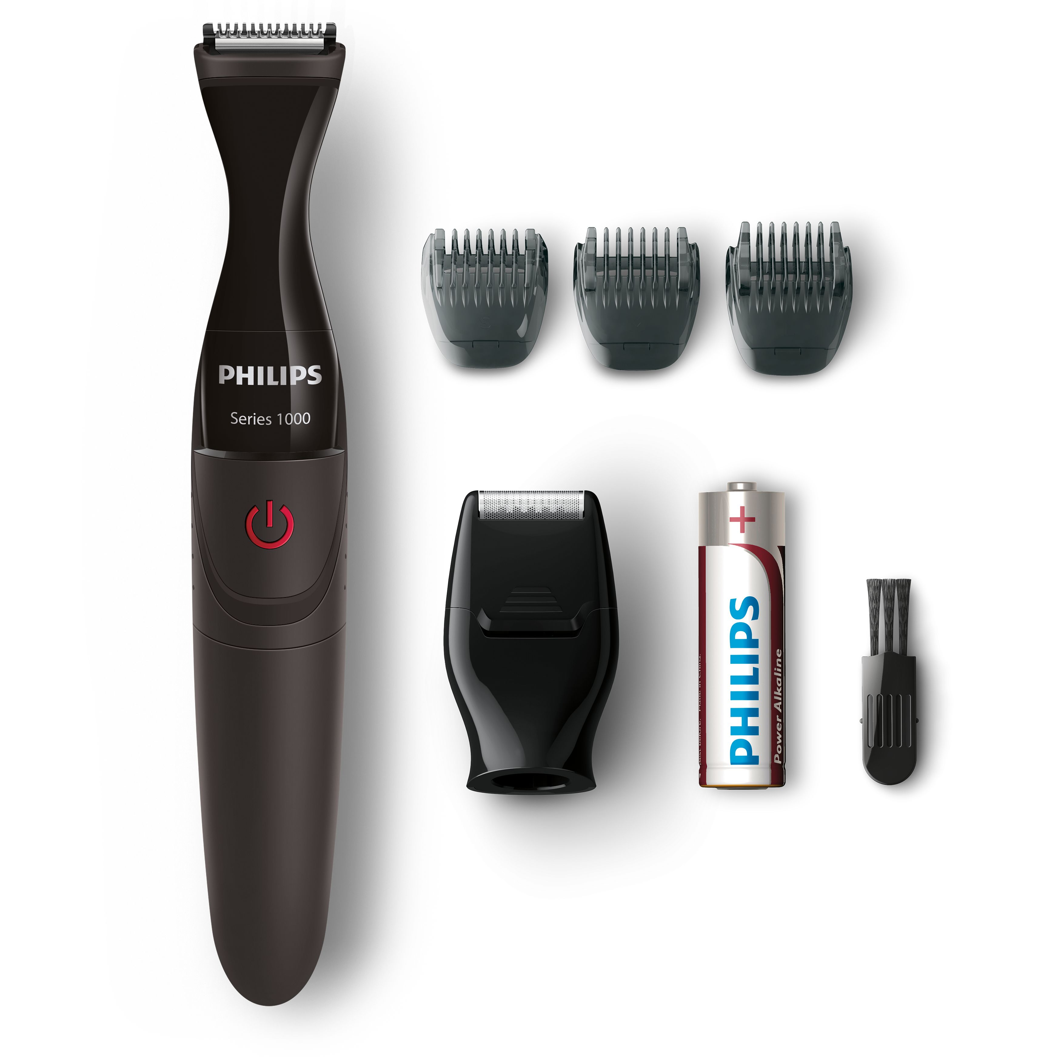Recortadora Philips Serie 1000 negra con accesorios, batería y cepillo sobre blanco.