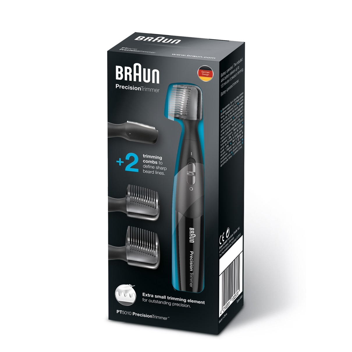 Düzeltici ve ataşmanları olan bir Braun PrecisionTrimmer kutusu. Kutuda bir erkeğin yüzü var. Siyah ve mavi bir tasarımdır.