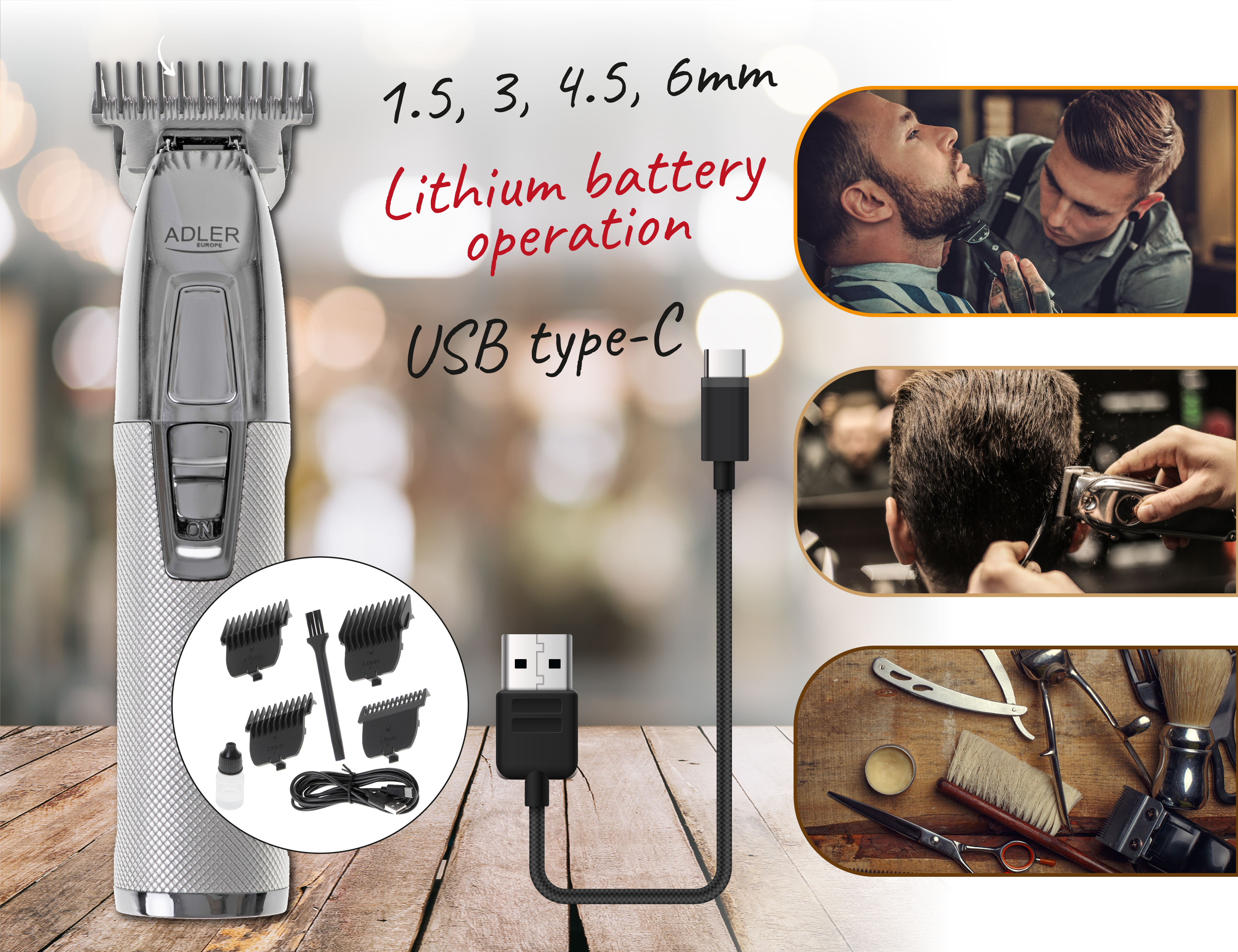 Trymer Adler z wieloma nasadkami i ładowarką USB. Trymer ma srebrny korpus i czarny uchwyt.