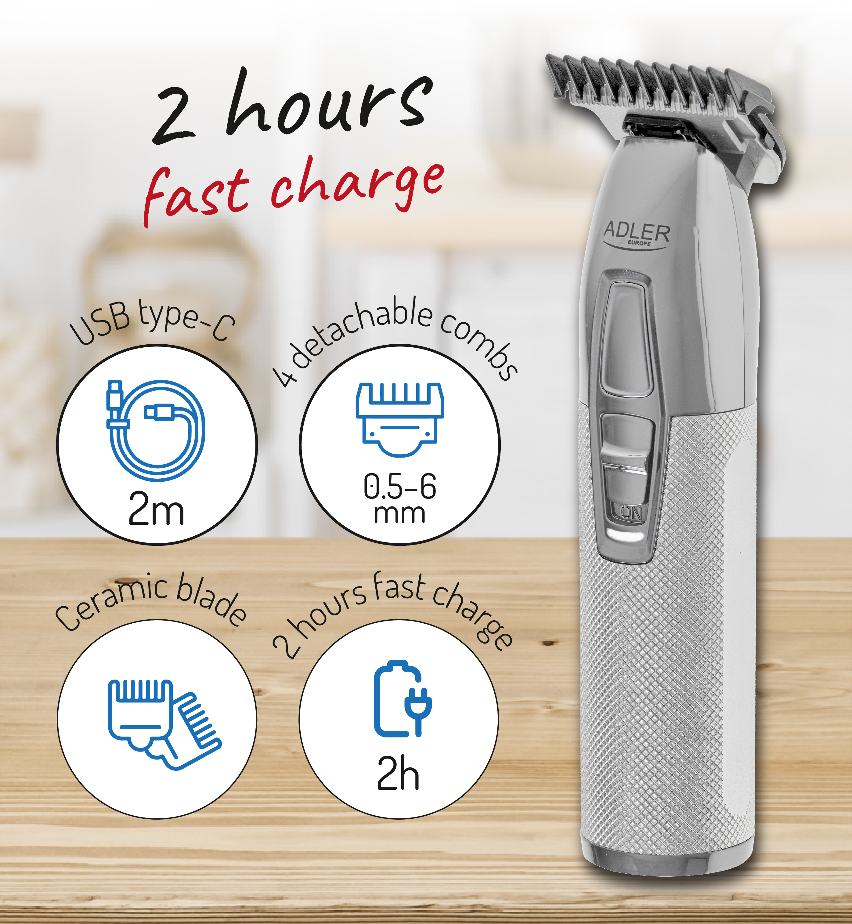 Srebrno-biały trymer ADLER. Tekst: 2 godziny szybkiego ładowania, USB typu C.