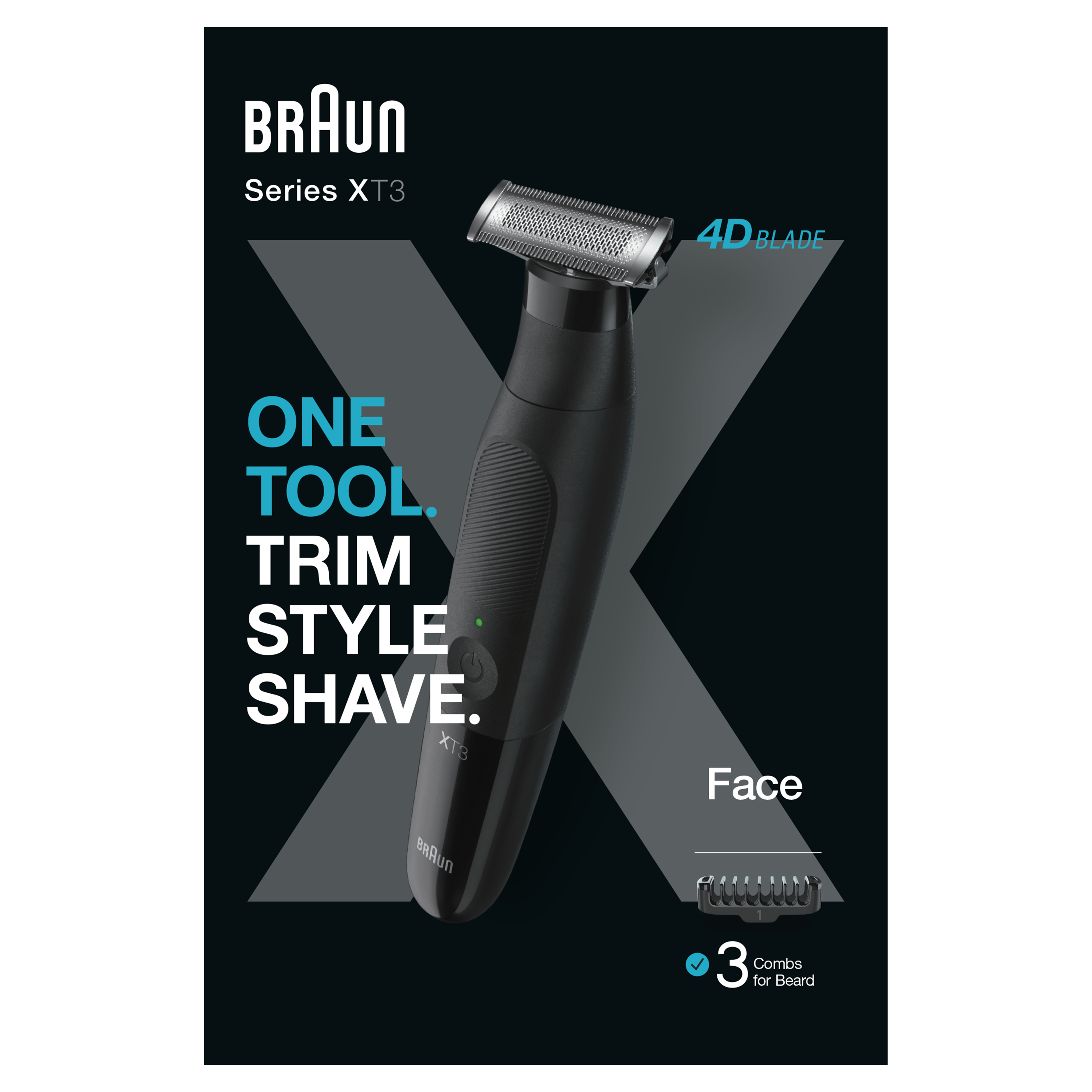 Eine Werbung für den Braun Series XT3 Trimmer, schwarz mit blauen Akzenten.