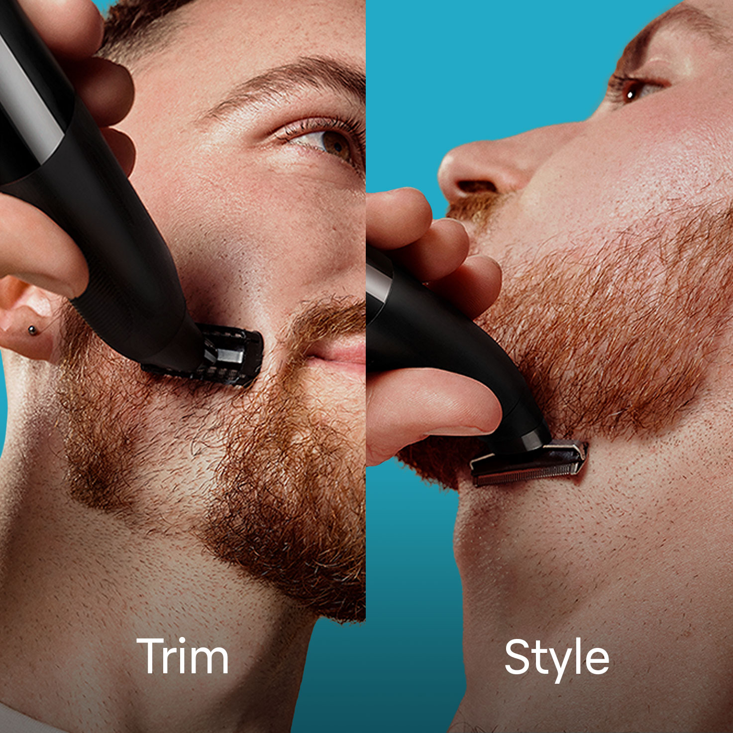 Mann, der Schnurrbart trimmt und Bart mit einem Braun Trimmer stylt. Grüner und blauer Hintergrund.