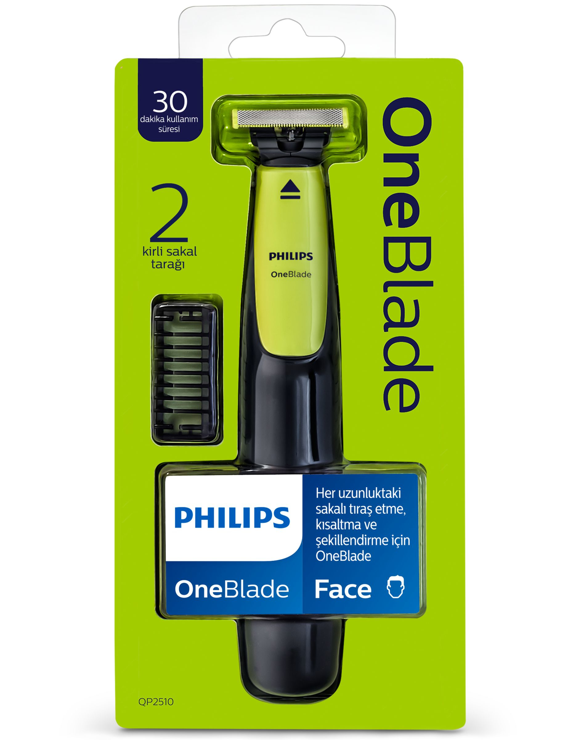 Philips OneBlade tıraş makinesi, yeşil ve siyah bir ambalajda. Metin: Philips OneBlade Face.