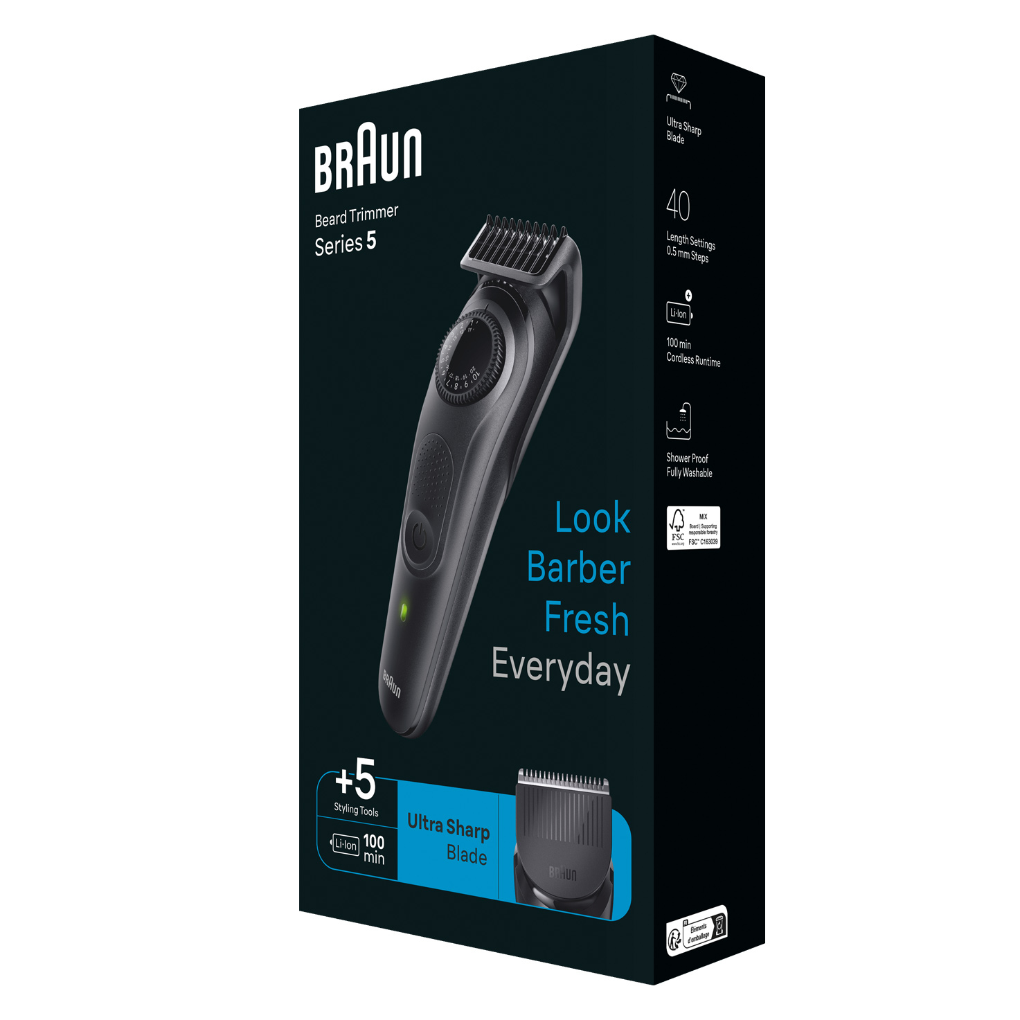 Pudełko Braun Beard Trimmer Series 5. Czarny trymer z zielonym światłem. Zawiera narzędzia do stylizacji. Białe tło.