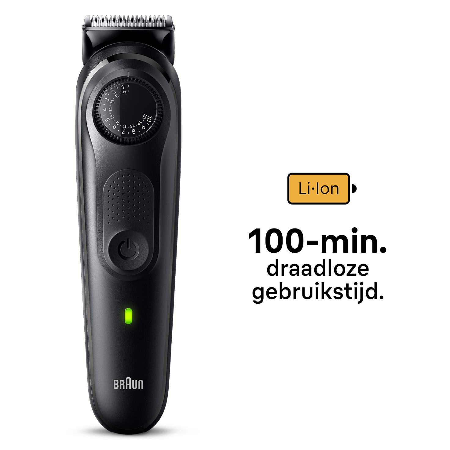 Czarny trymer Braun z zielonym światłem i tekstem wskazującym 100 minut bezprzewodowego użytkowania.