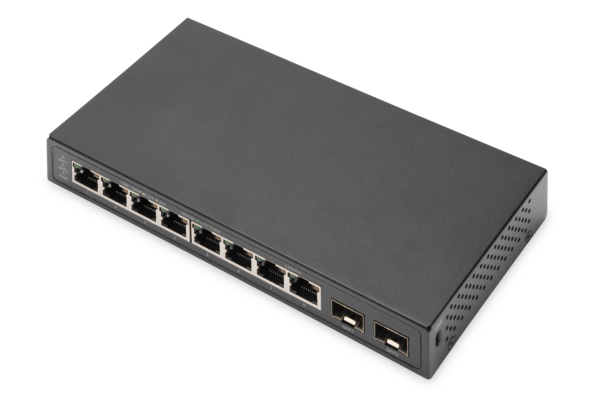 Switch di rete nero con porte su sfondo bianco.