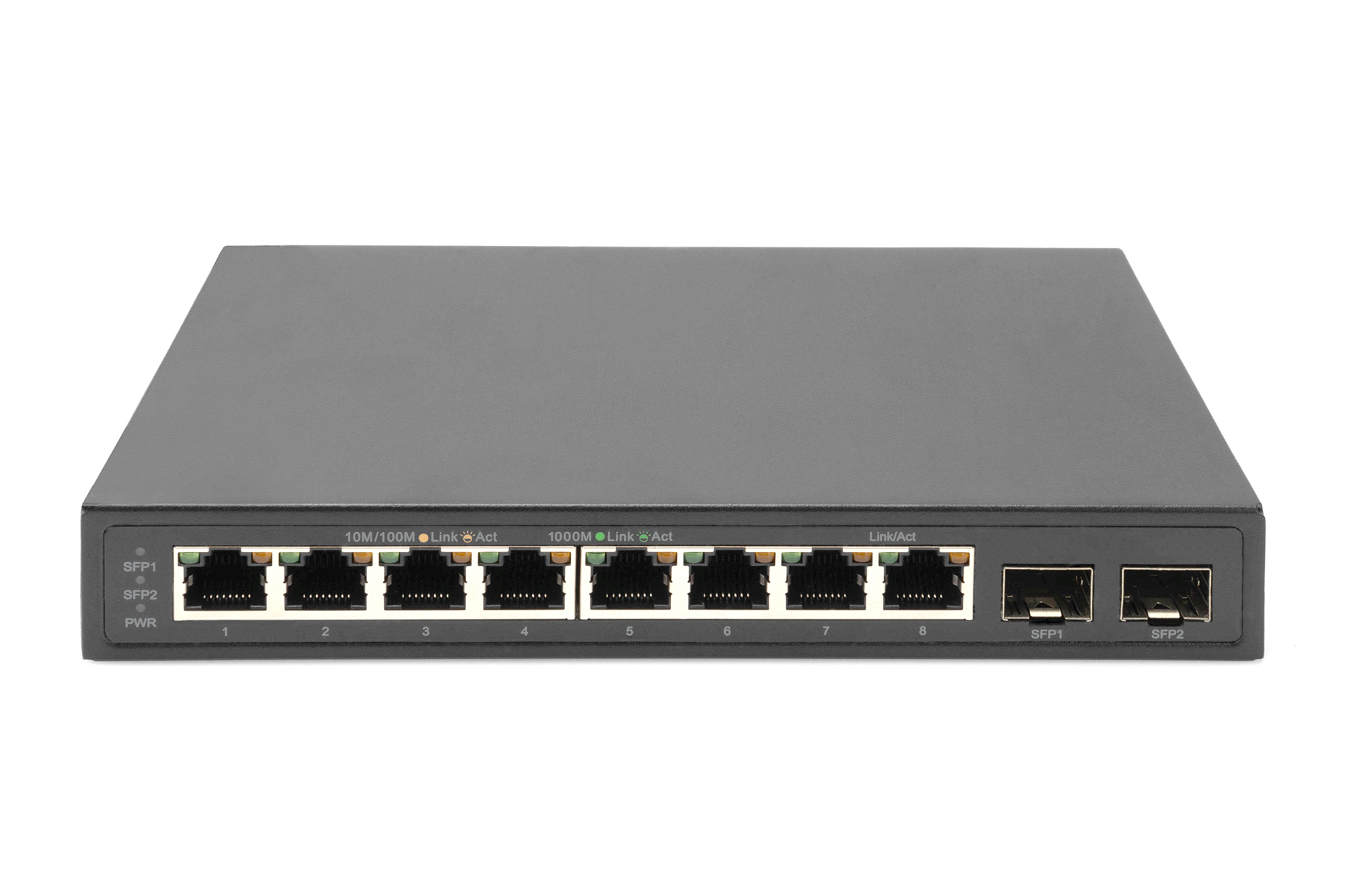 Uno switch di rete nero con più porte e spie di collegamento.