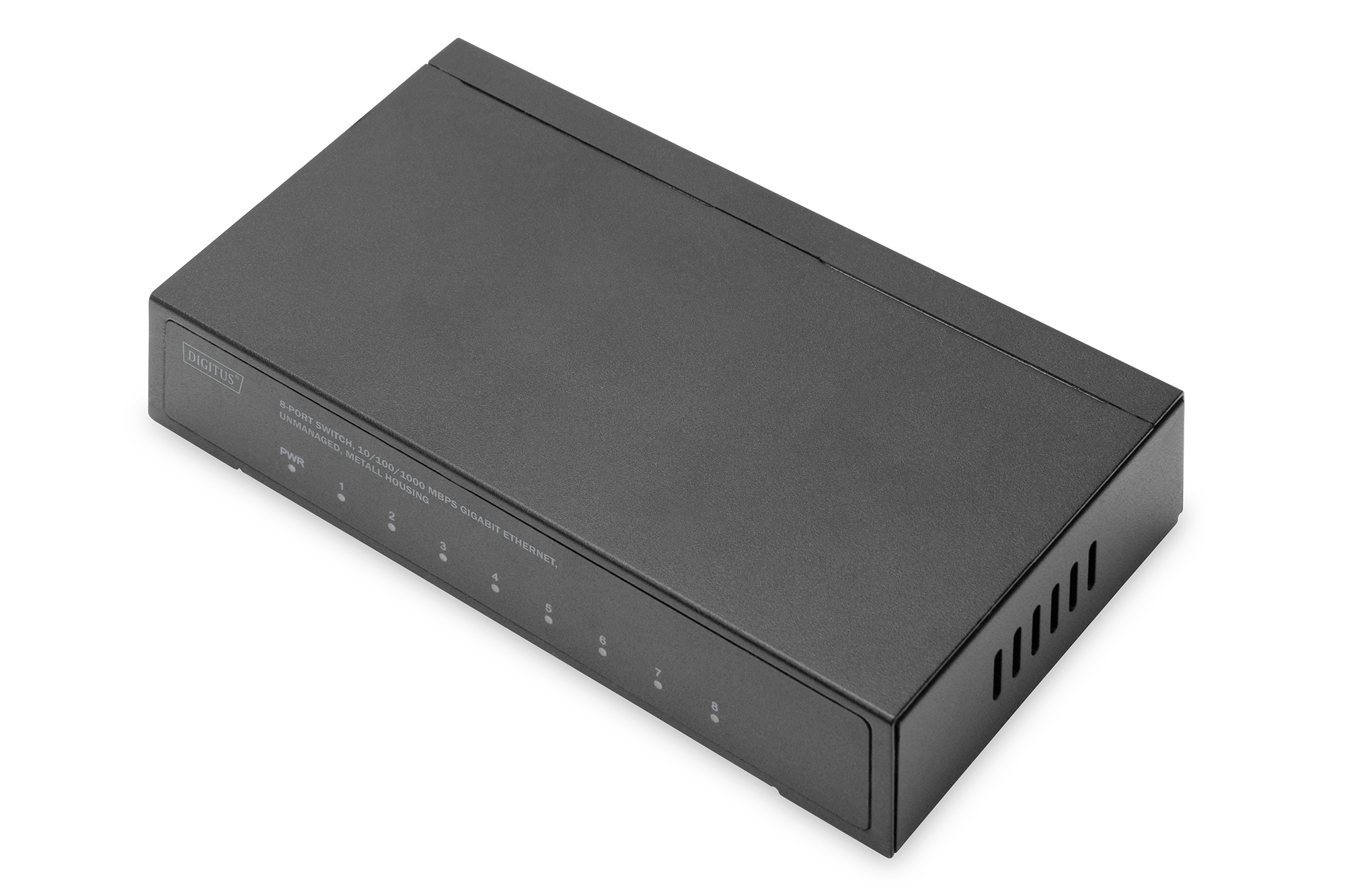 Switch di rete nero. Dispone di spie di alimentazione e porte Ethernet.