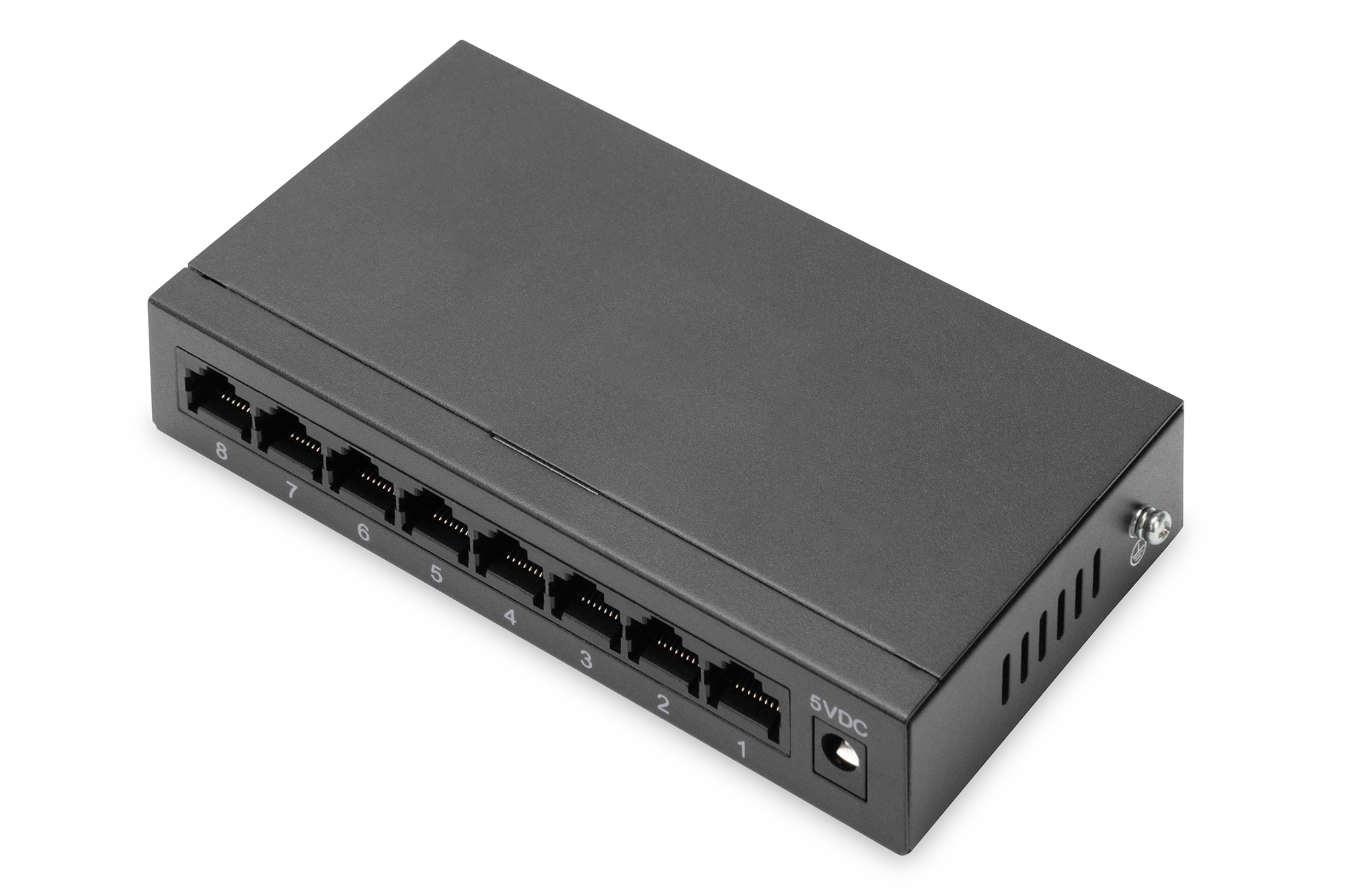 Switch di rete nero a 8 porte su sfondo bianco. Ha 8 porte e un ingresso di alimentazione a 5 VCC.