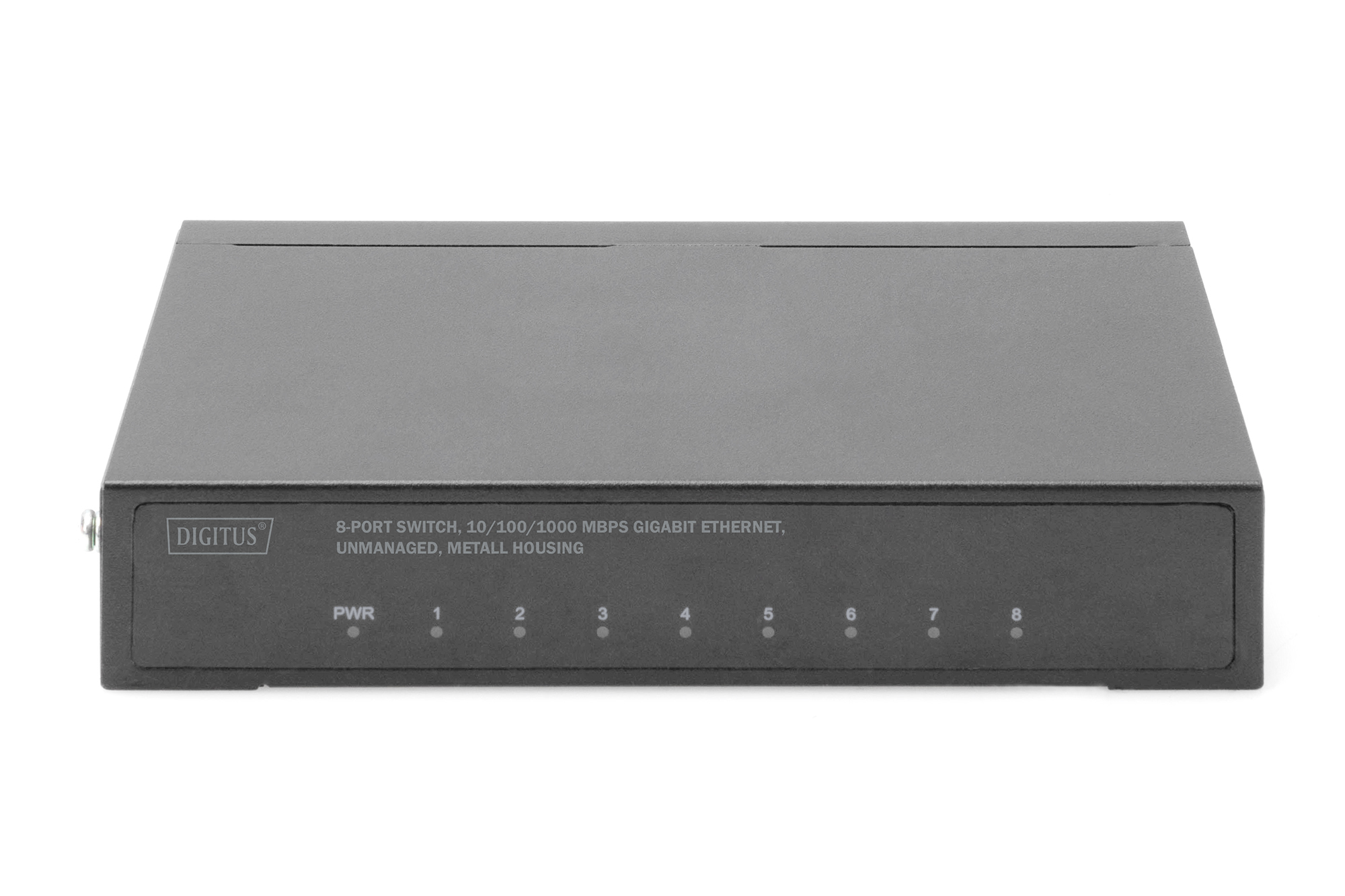 Switch Ethernet nero a 8 porte con luci e testo.