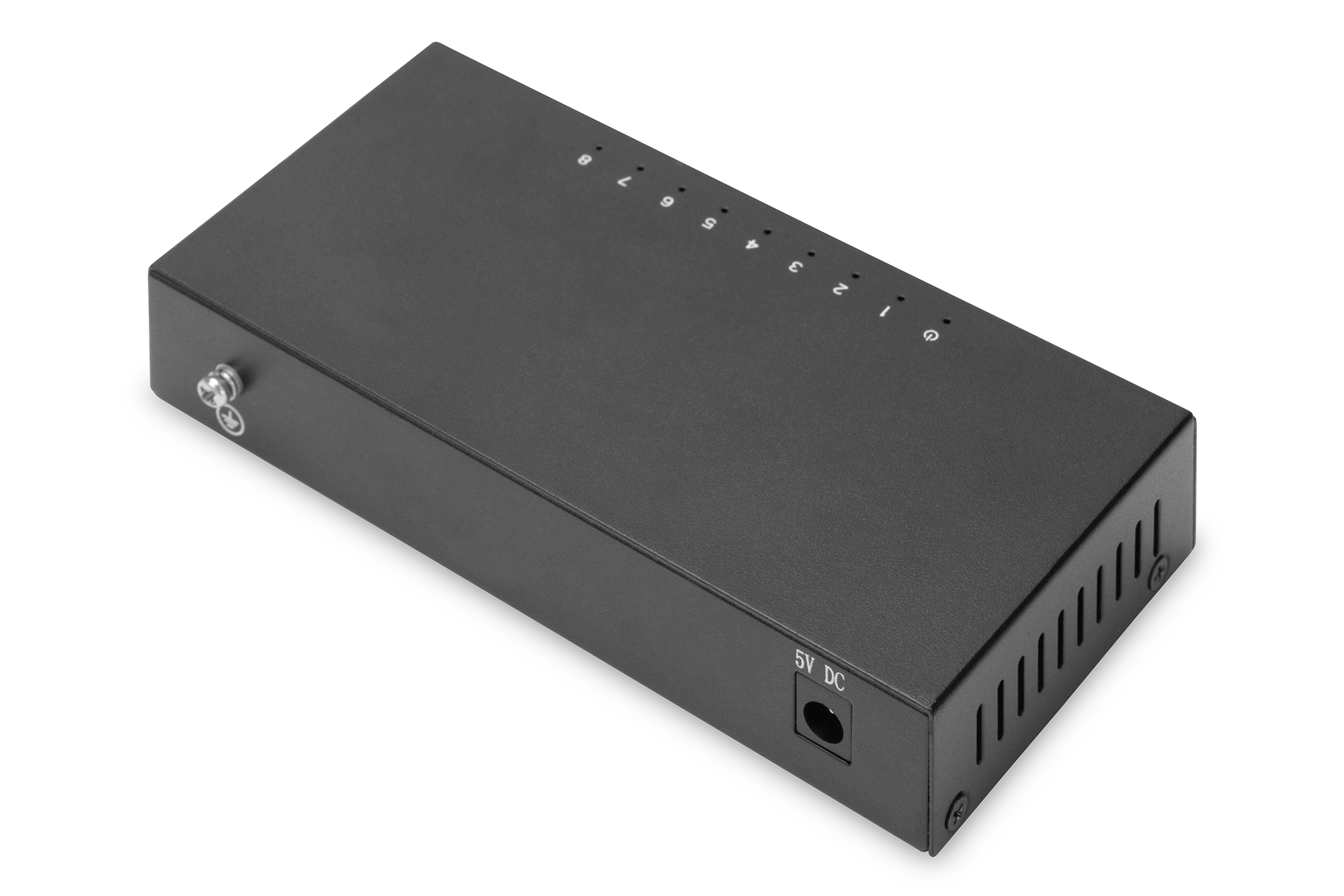 Una scatola di commutazione di rete nera con porte e spie luminose.