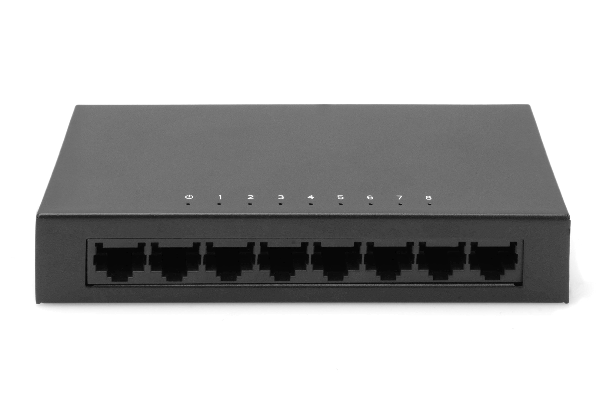 Switch di rete nero con otto porte numerate e una spia.