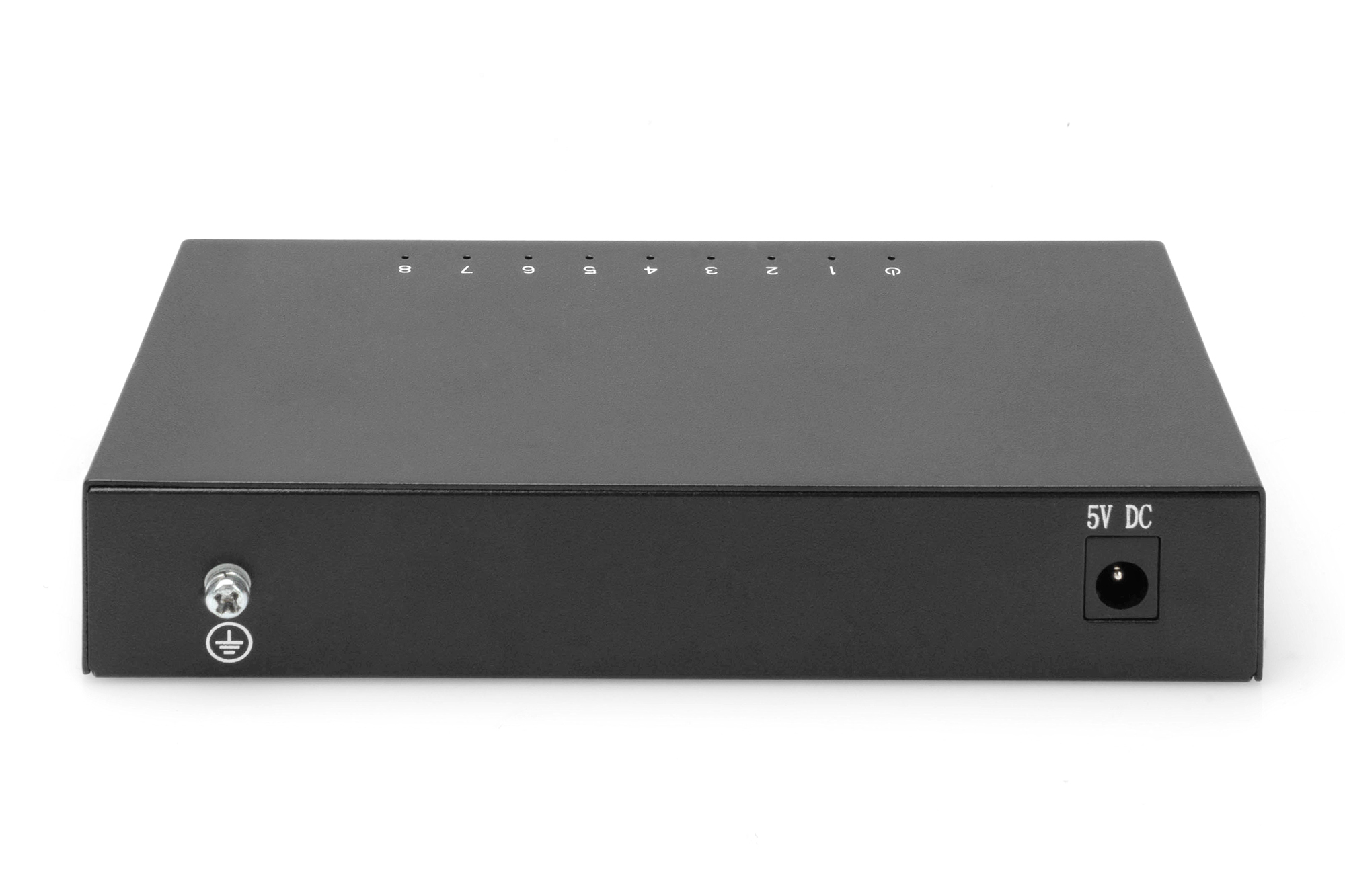 Switch Ethernet nero con porte, luci e porta di alimentazione.