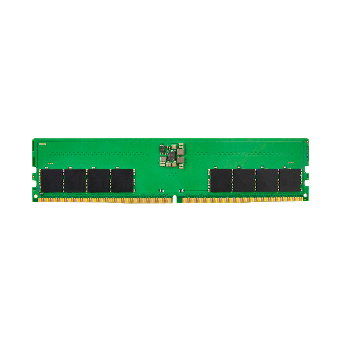 Scheda di circuito verde, stick RAM. Chip neri e connettori dorati su bianco.