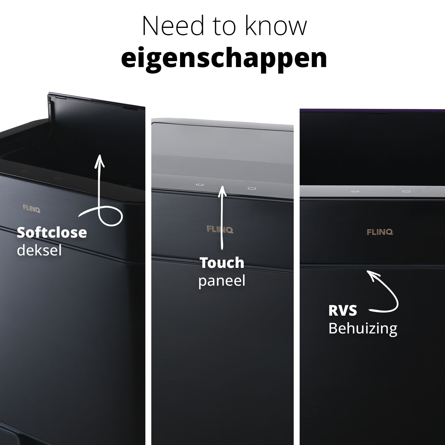 Close-up of black trash can features: soft-close lid, touch panel, and stainless steel housing.