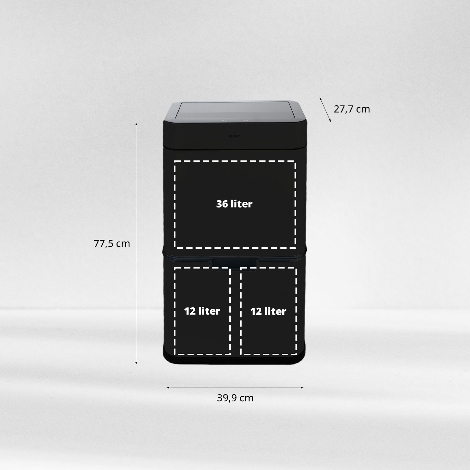 Black trash can with dimensions: 77.5cm height, 39.9cm width, 27.7cm depth, with 36 and 12 liter sections.