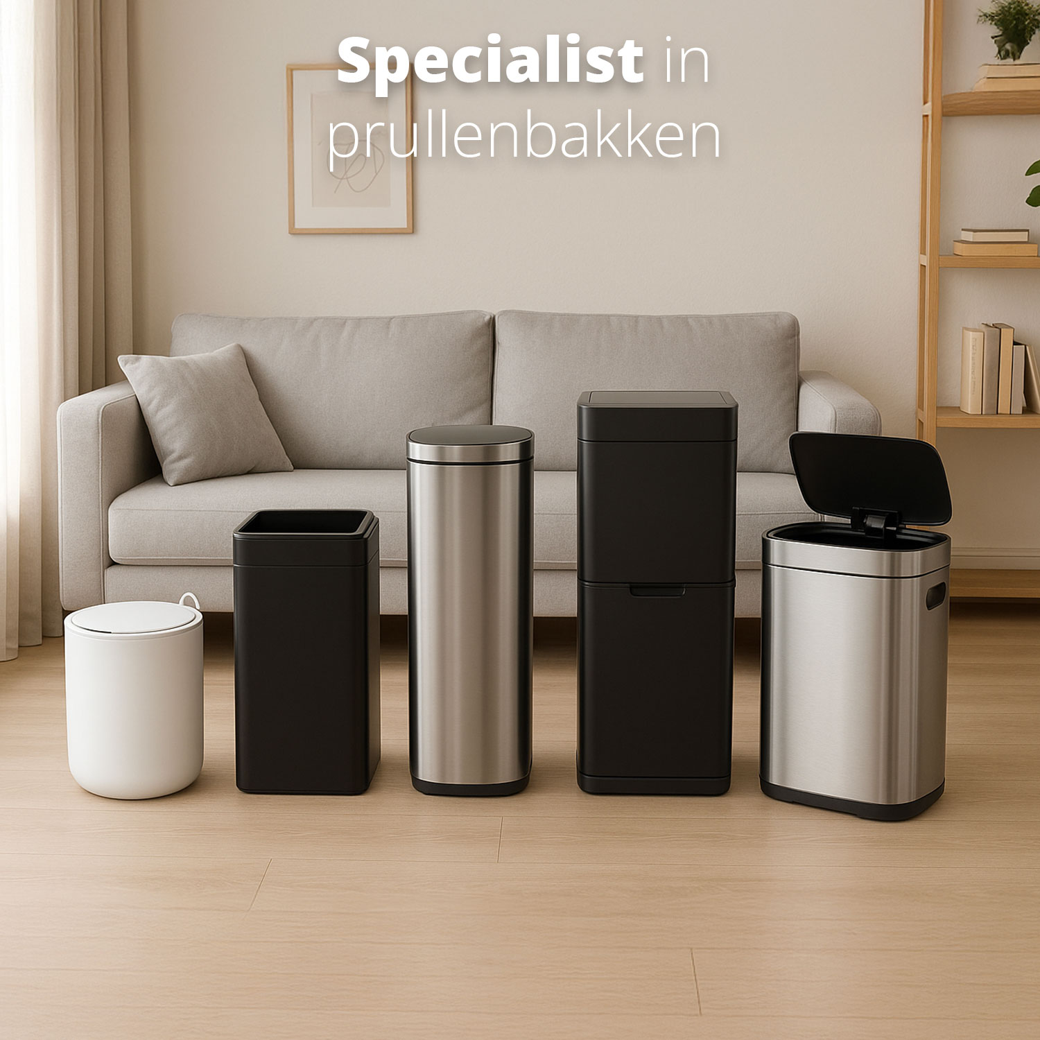 Various trash cans in a row: white, black, steel, and black, against a living room background.