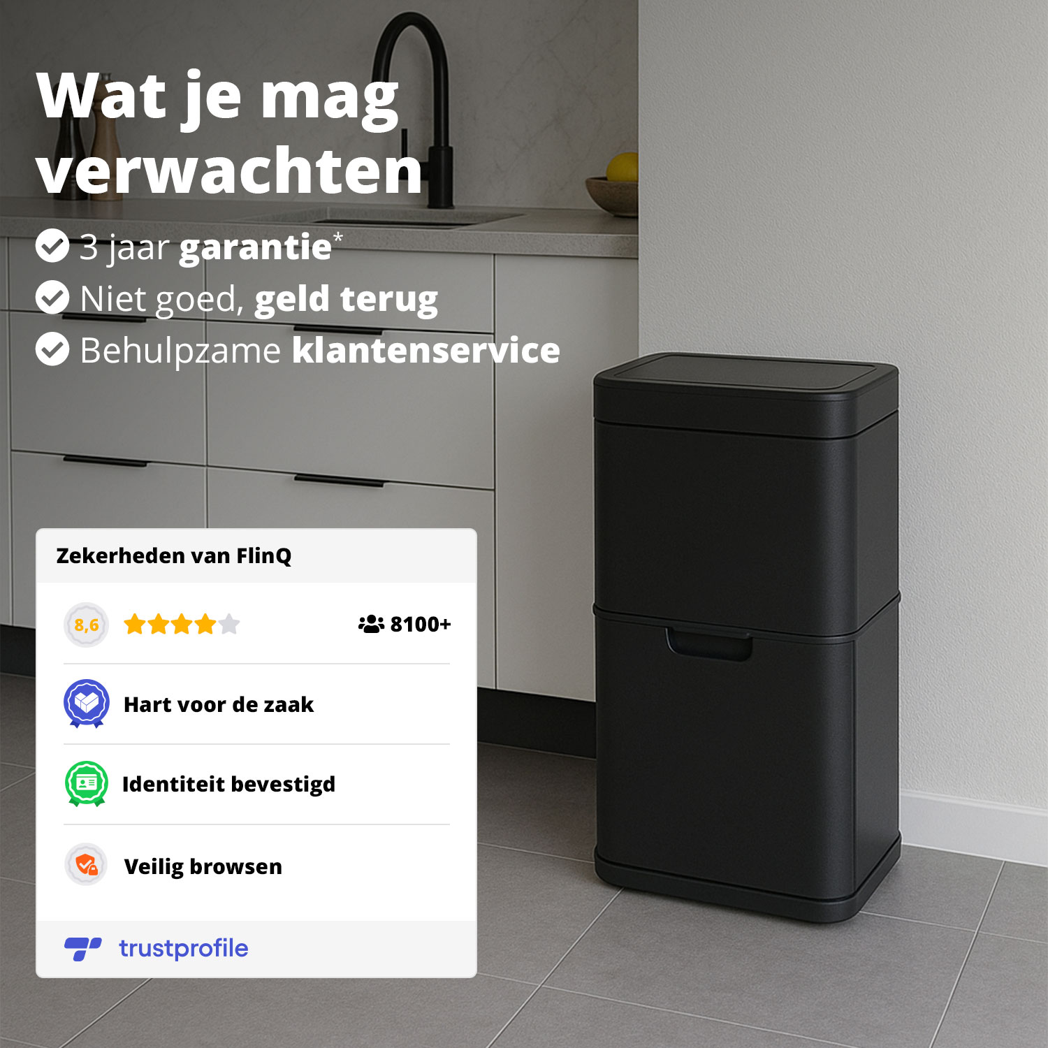 Black trash can next to a white wall, with warranty, money-back, and customer service information.