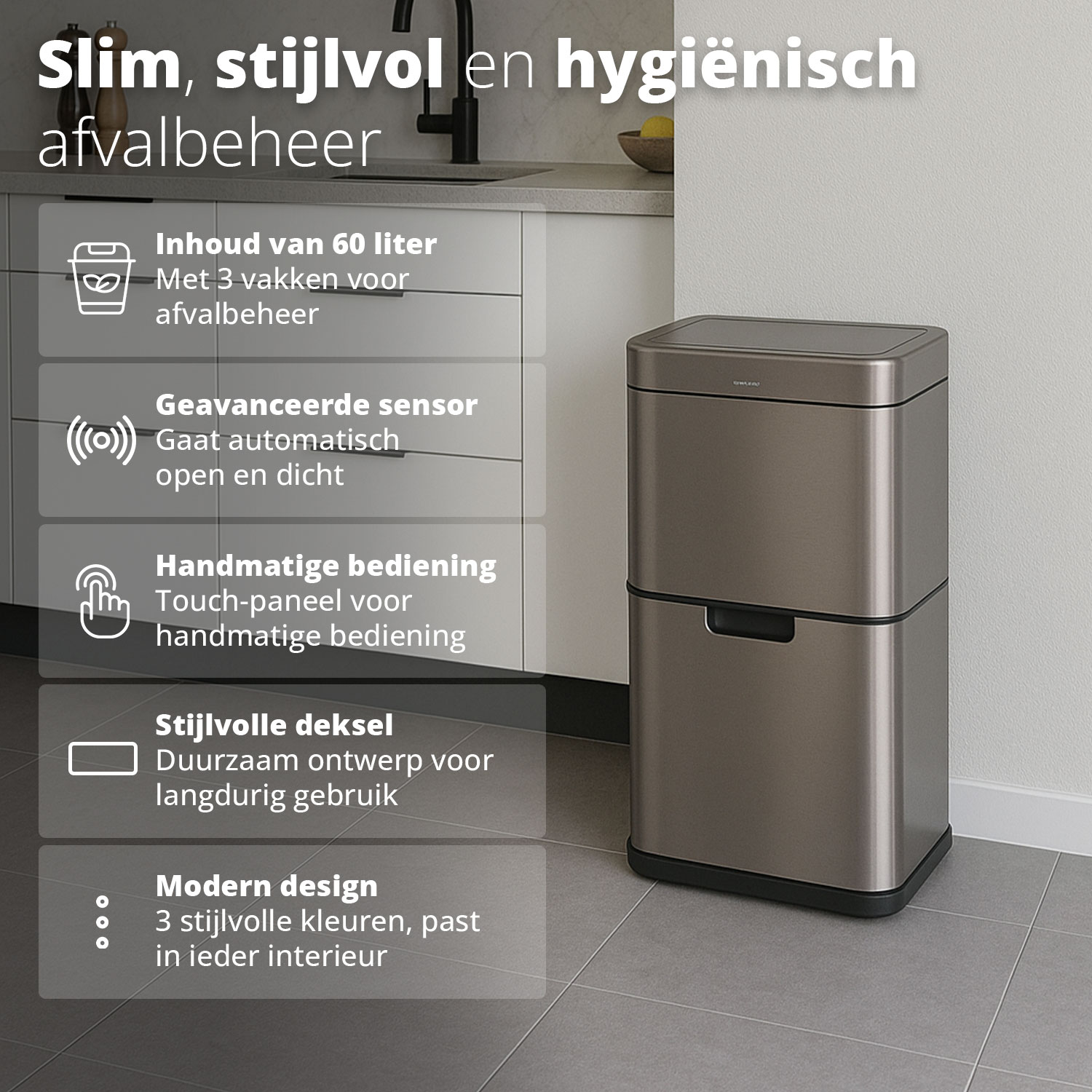 Grey metallic trash can with a touch panel, 60 liter capacity, and 3 compartments for waste management.