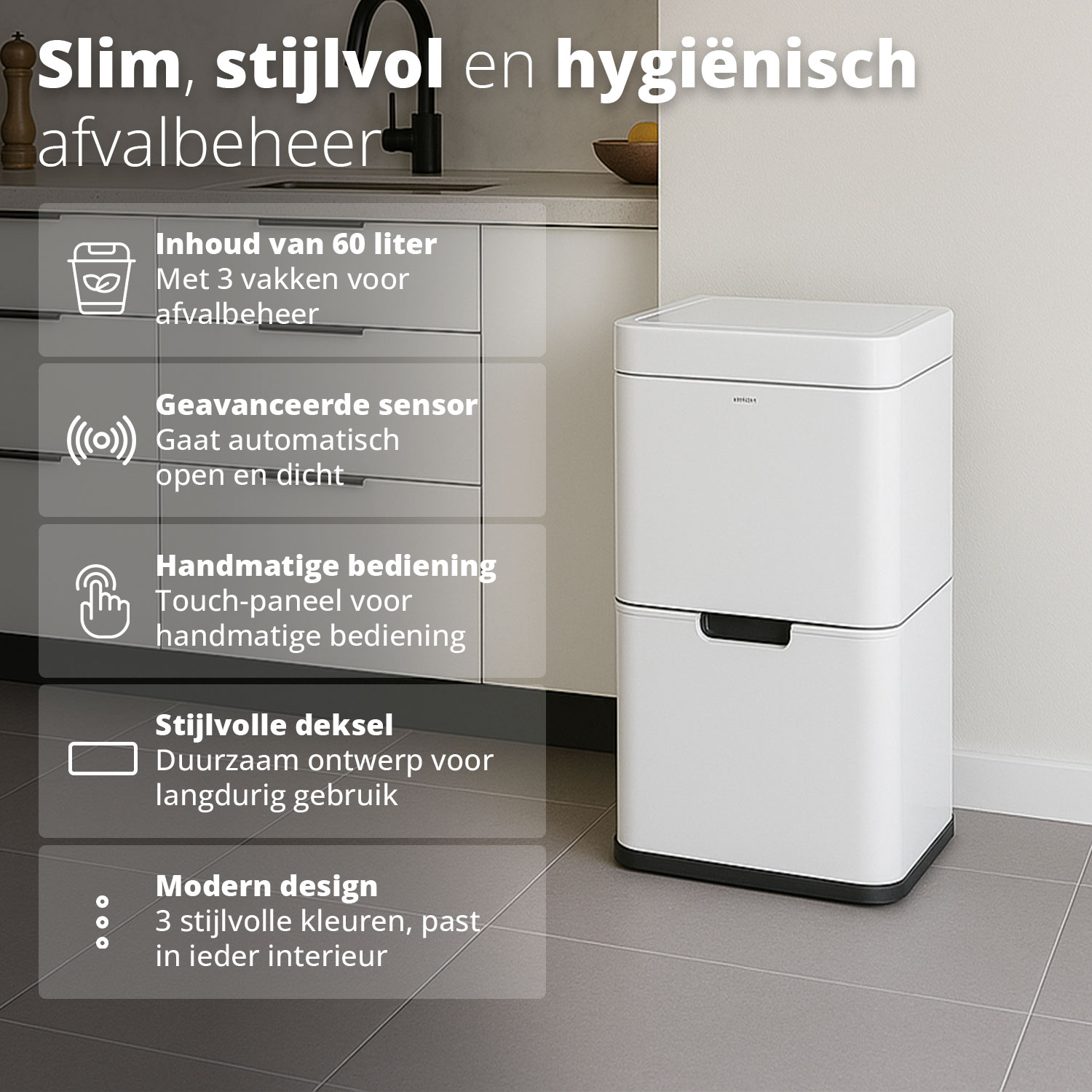 White, two-tiered trash can in a kitchen. Text labels describe features.
