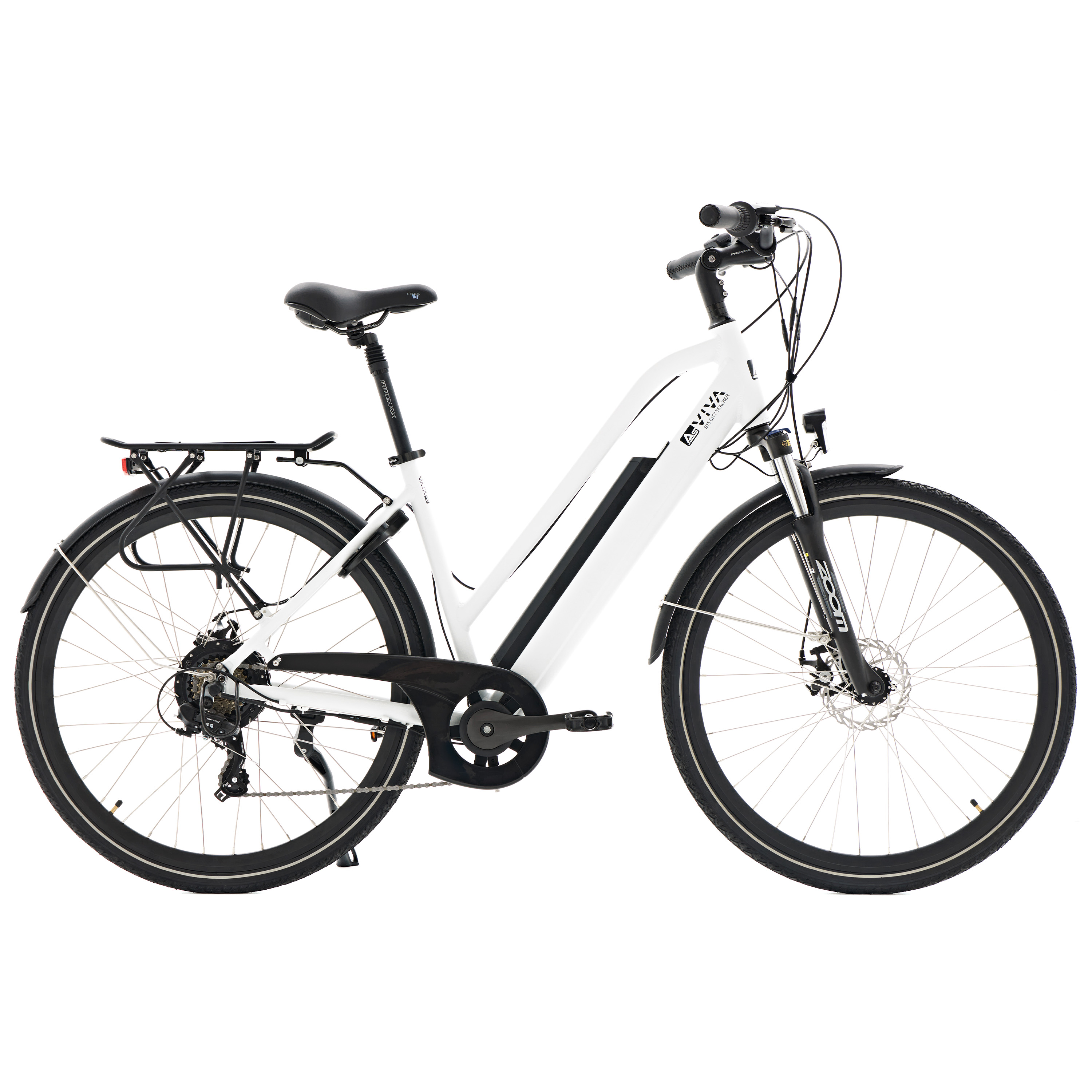 Weißes Elektrofahrrad, Seitenansicht, auf weißer Oberfläche.