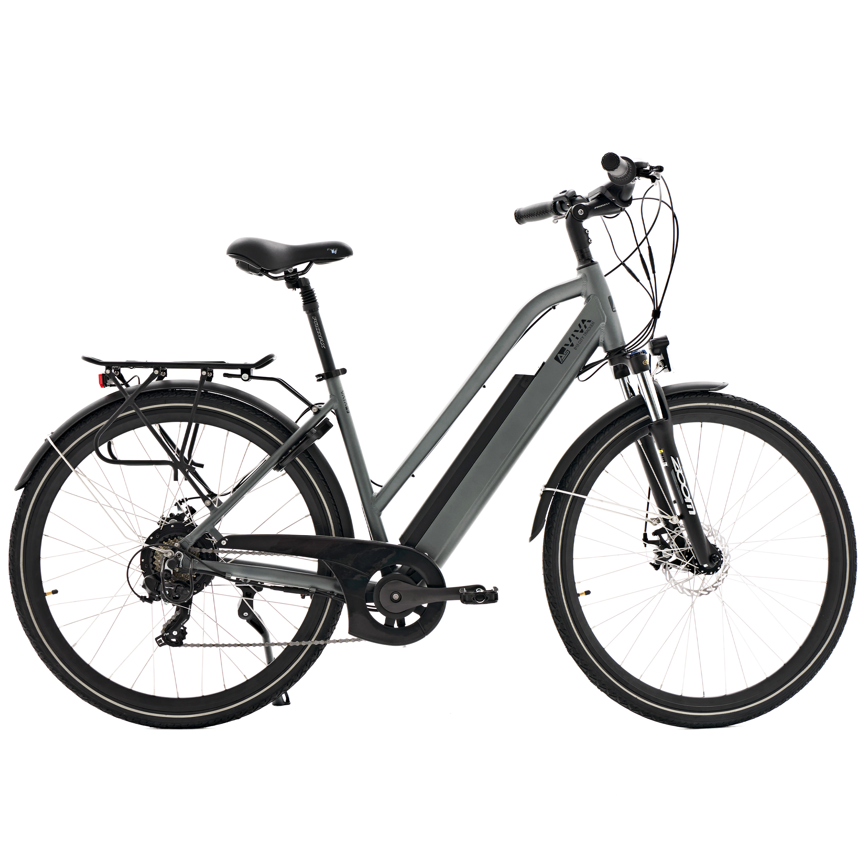 Graues Elektrofahrrad. Schwarze Reifen, Sattel und Lenker. Steht vor weißem Hintergrund.