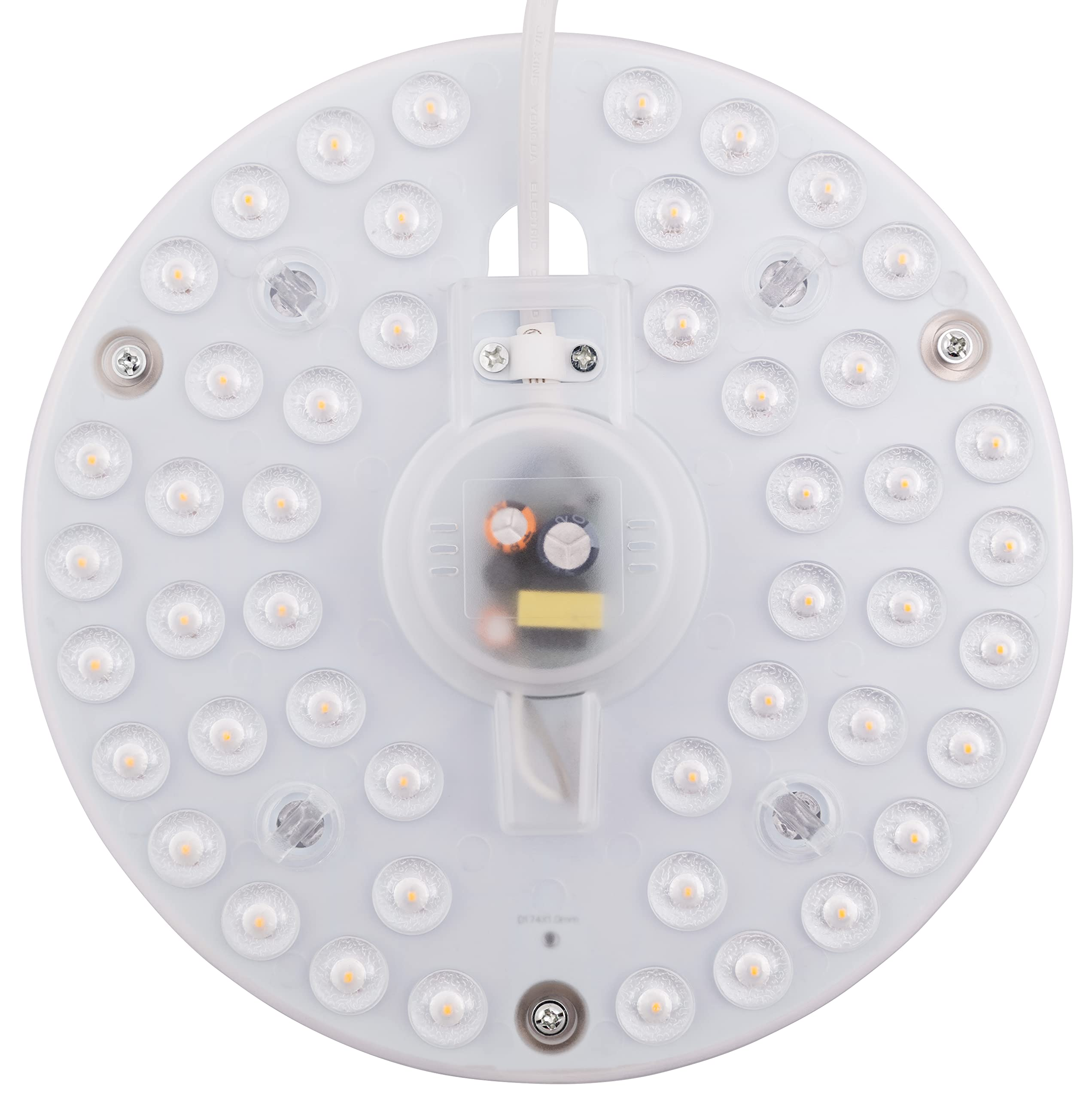 Weiße LED-Deckenleuchte, rund, viele LEDs sichtbar. Weißer Hintergrund.