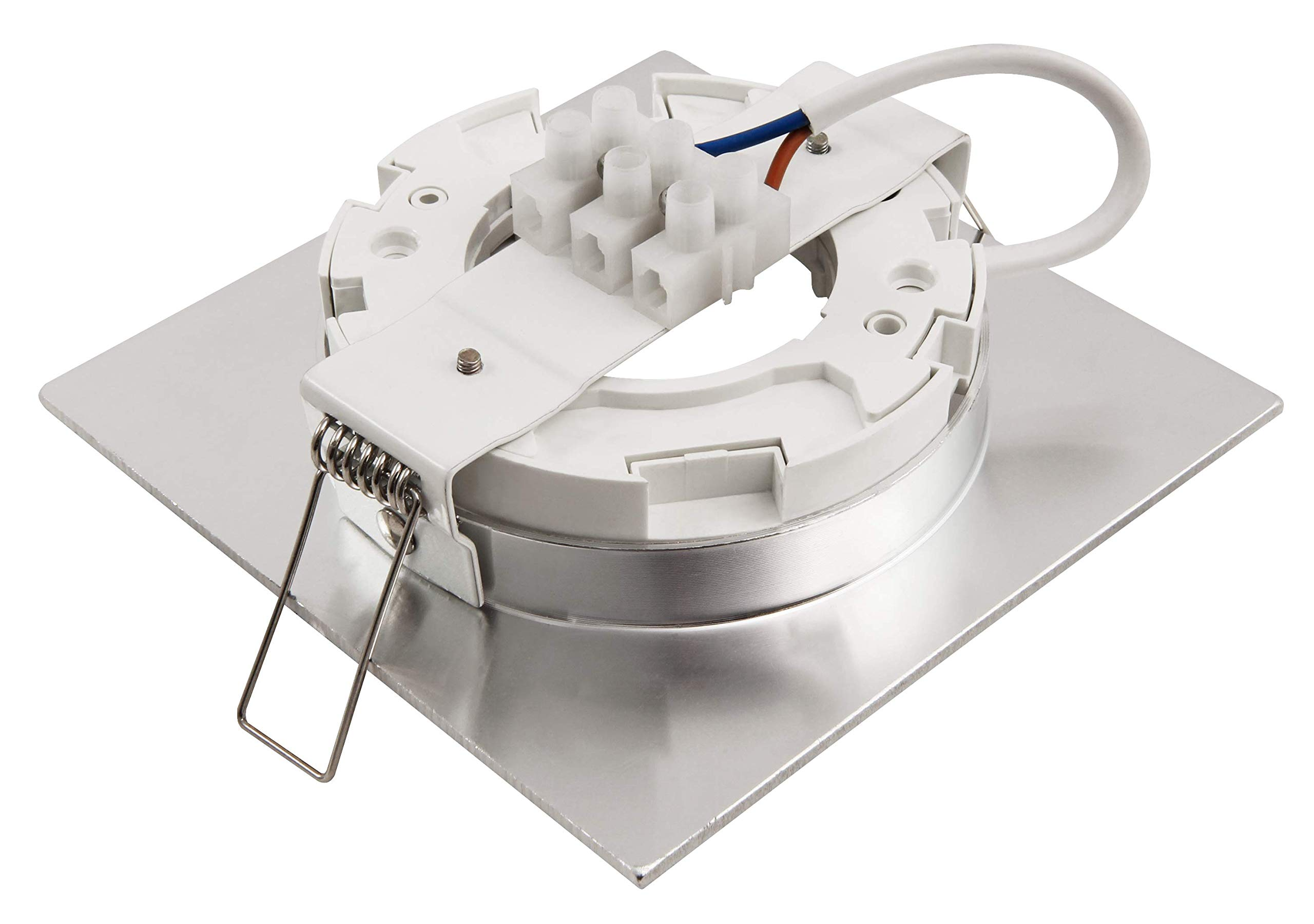 Ein quadratisches elektrisches Metallbauteil mit Drähten und Anschlüssen, auf weißem Hintergrund.