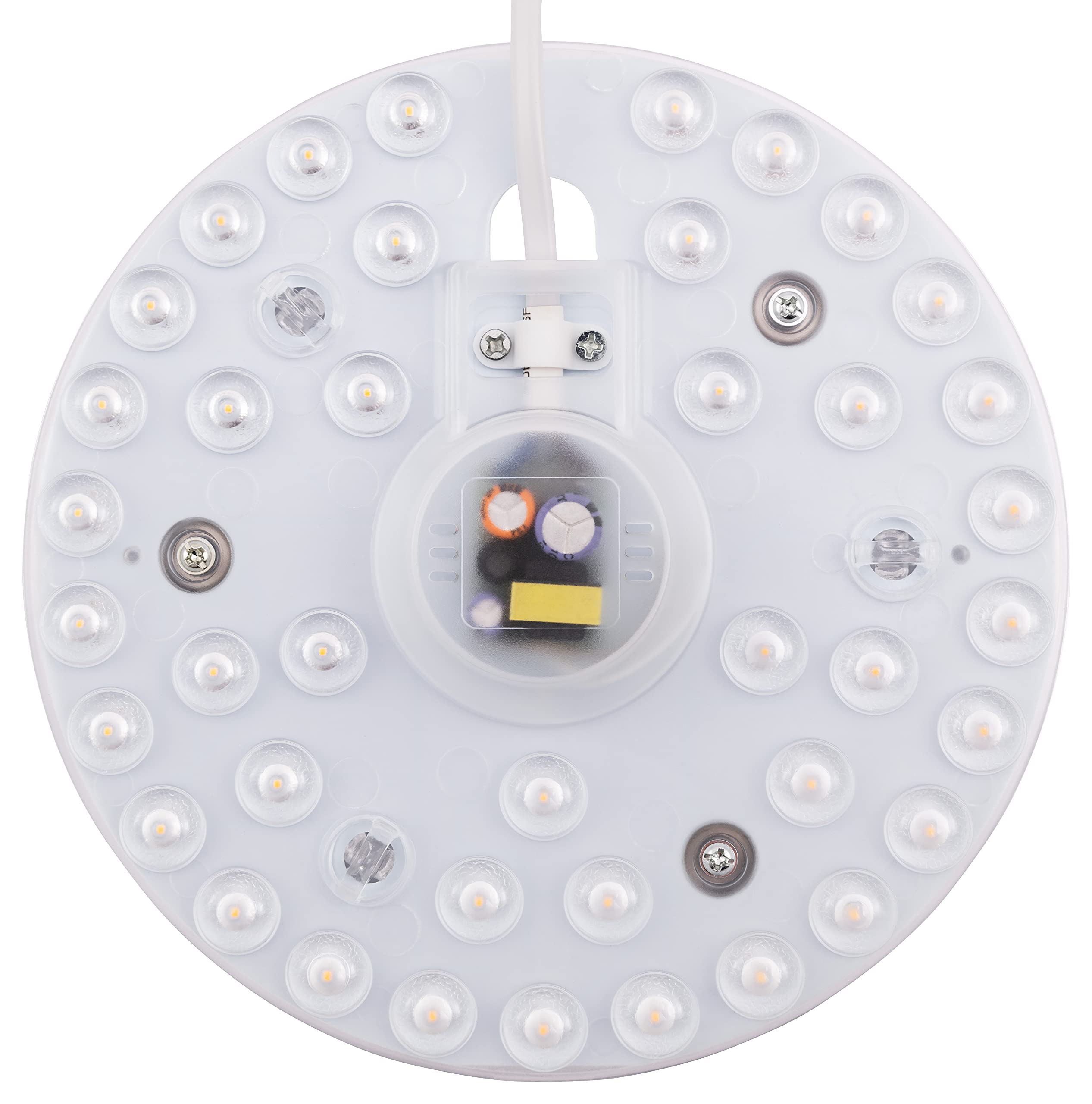 Weiße kreisförmige LED-Leuchte mit mehreren LEDs und zentralem Komponentenbereich.