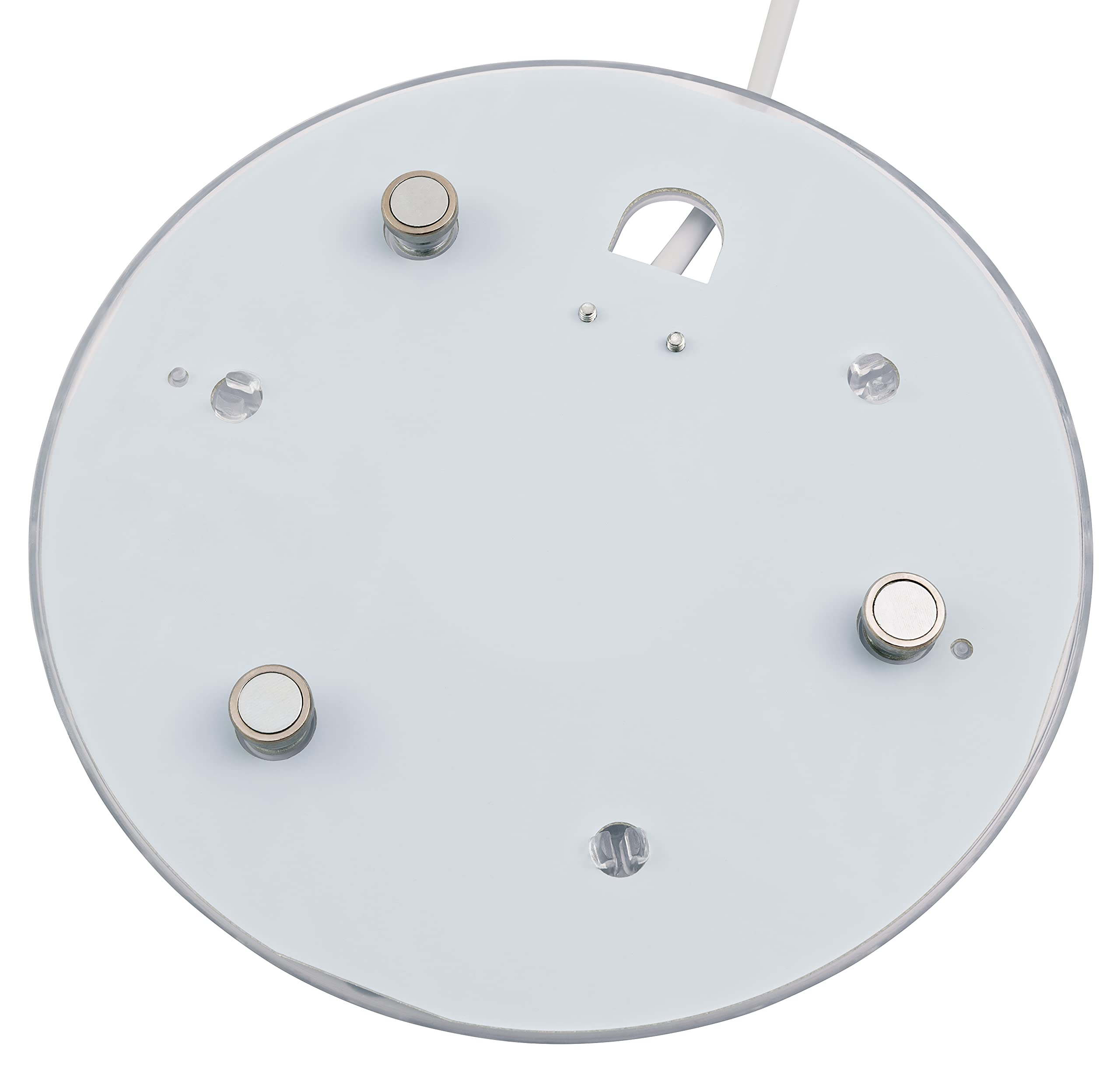 Ein weißer, runder Sockel mit vier Magneten und einem Loch, vermutlich für eine Lampe.