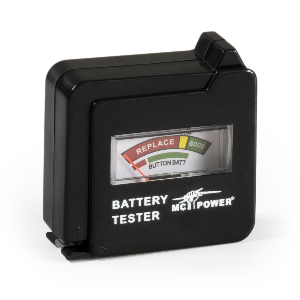 Schwarzes Batterietestgerät mit Nadelanzeige, die den Batteriestatus anzeigt.