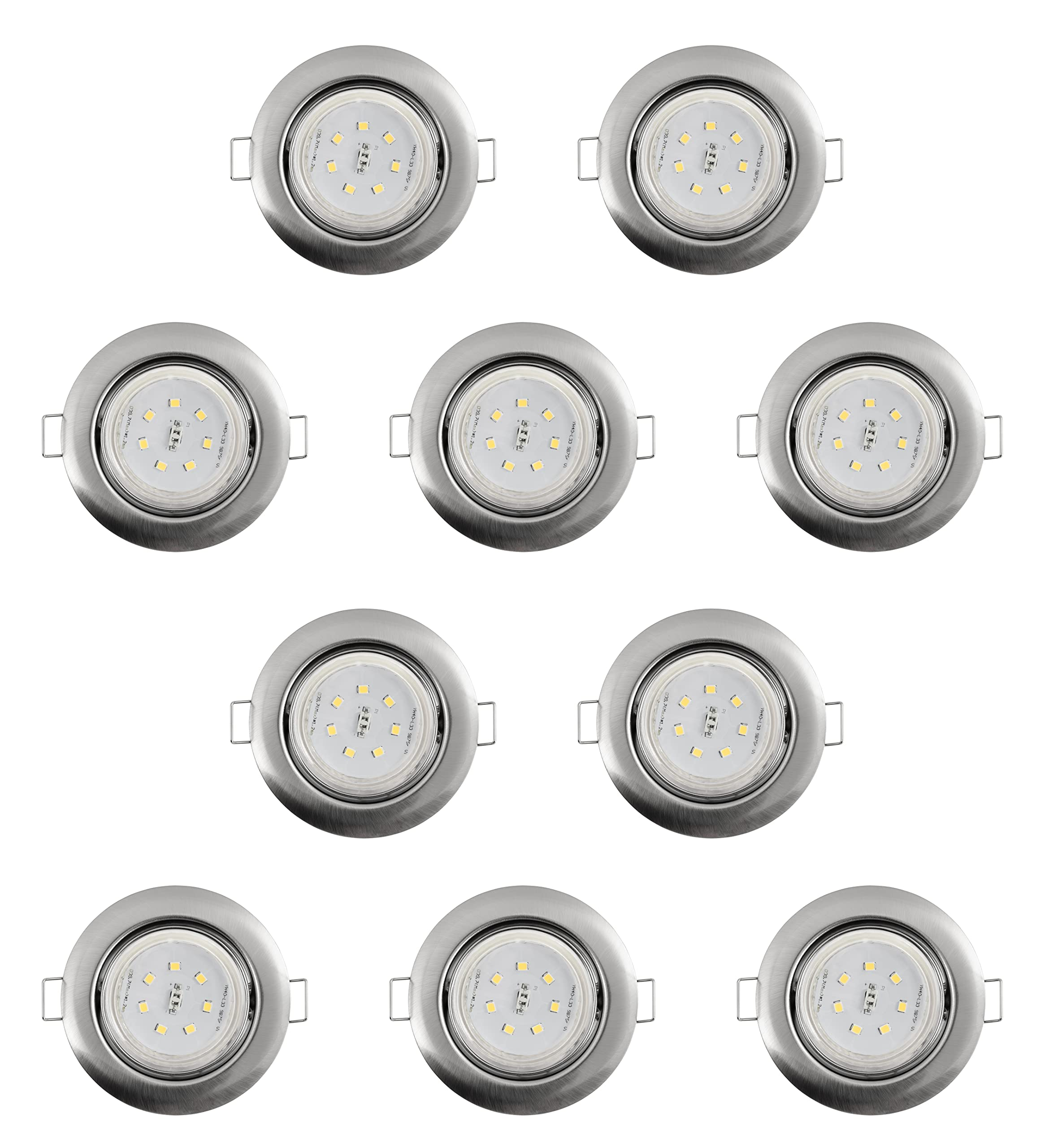 Zehn Einbau-LED-Leuchten mit silbernen Rändern, jede mit zentraler Lichtquelle, weißer Hintergrund.