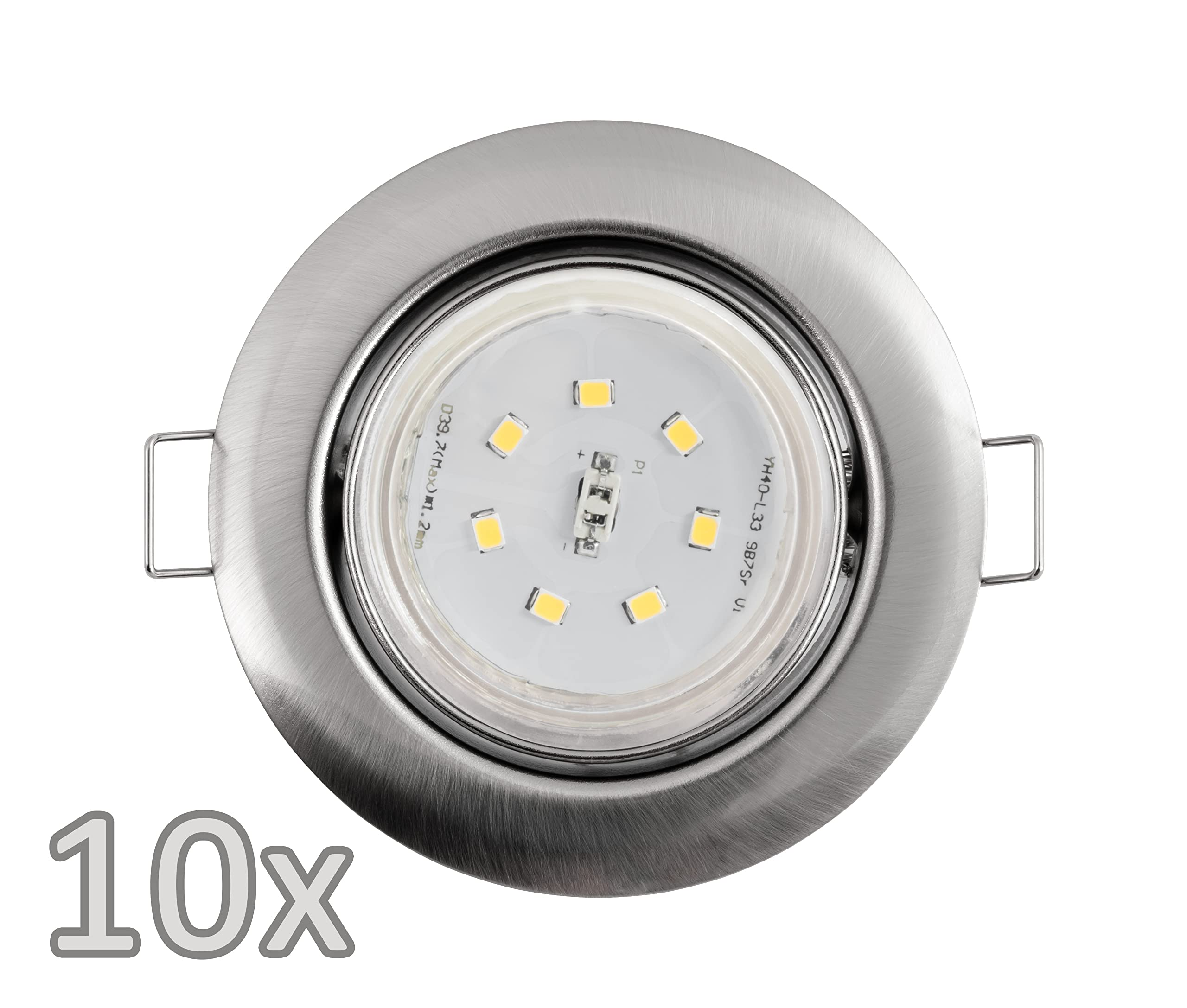 Einbau-LED-Spot mit silbernem Rahmen und weißer Basis. 10x steht darauf.