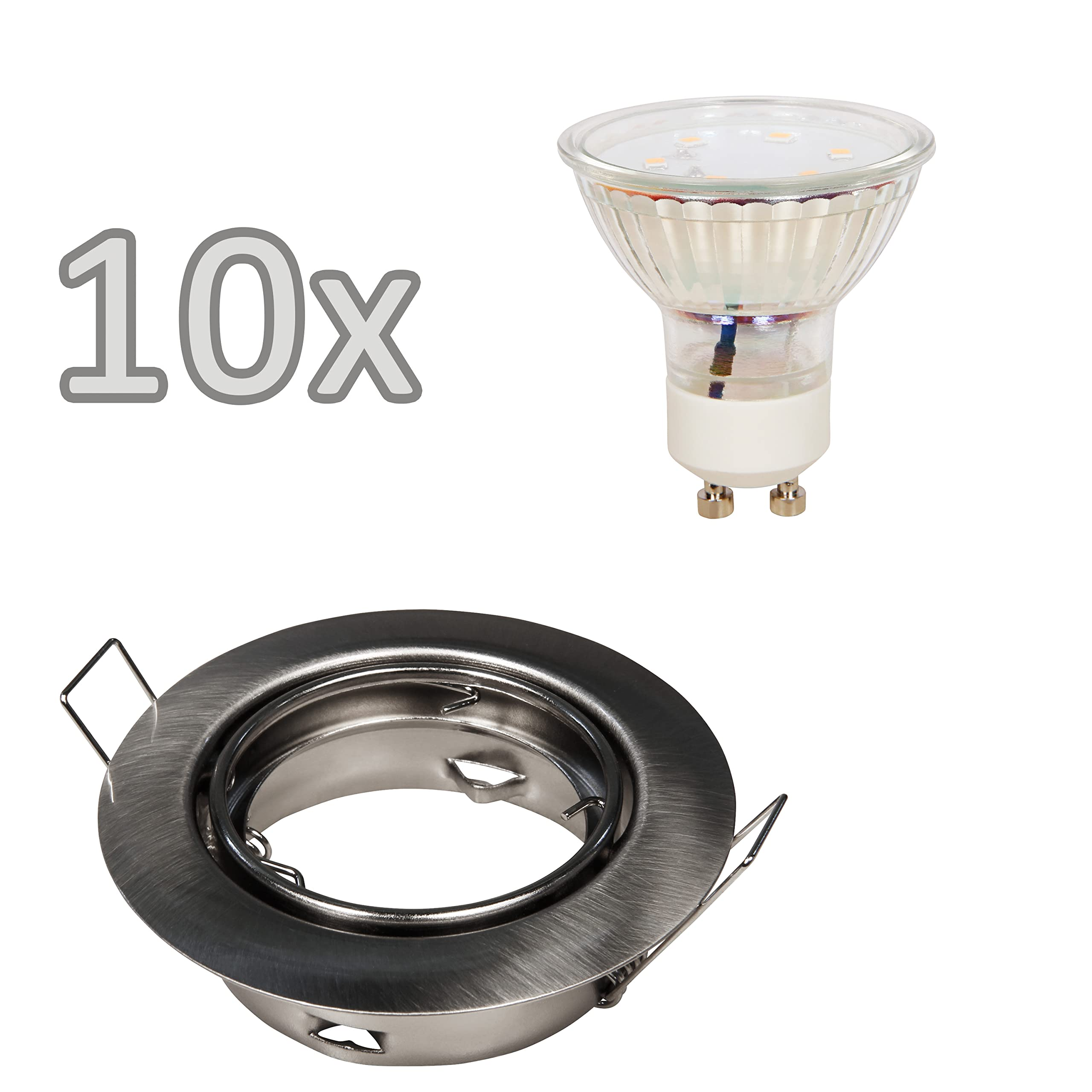Zehn GU10 LED-Spots und eine Montagebasis. Die Spots sind weiß und die Basis ist silber.