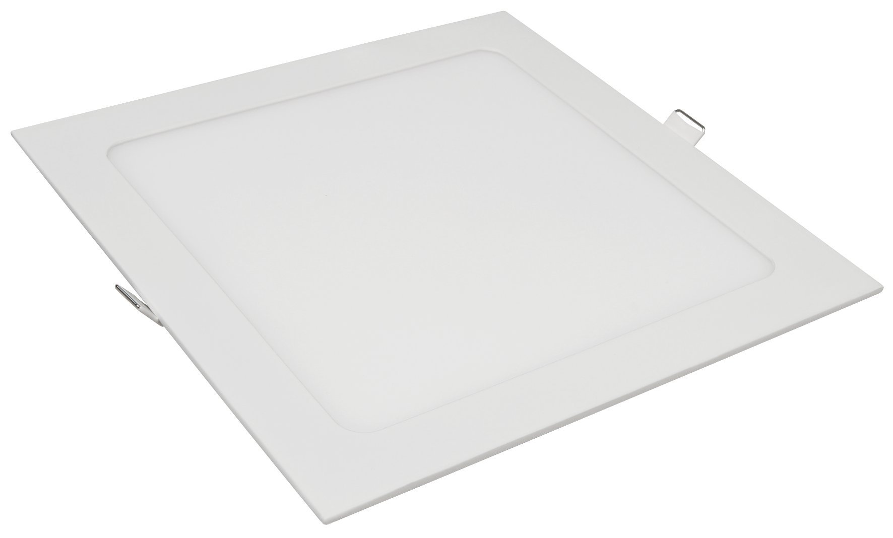 Ein weißes quadratisches LED-Panel, leicht angewinkelt. Es hat einen weißen Rahmen und eine glatte Oberfläche. Isoliert, weißer Hintergrund.