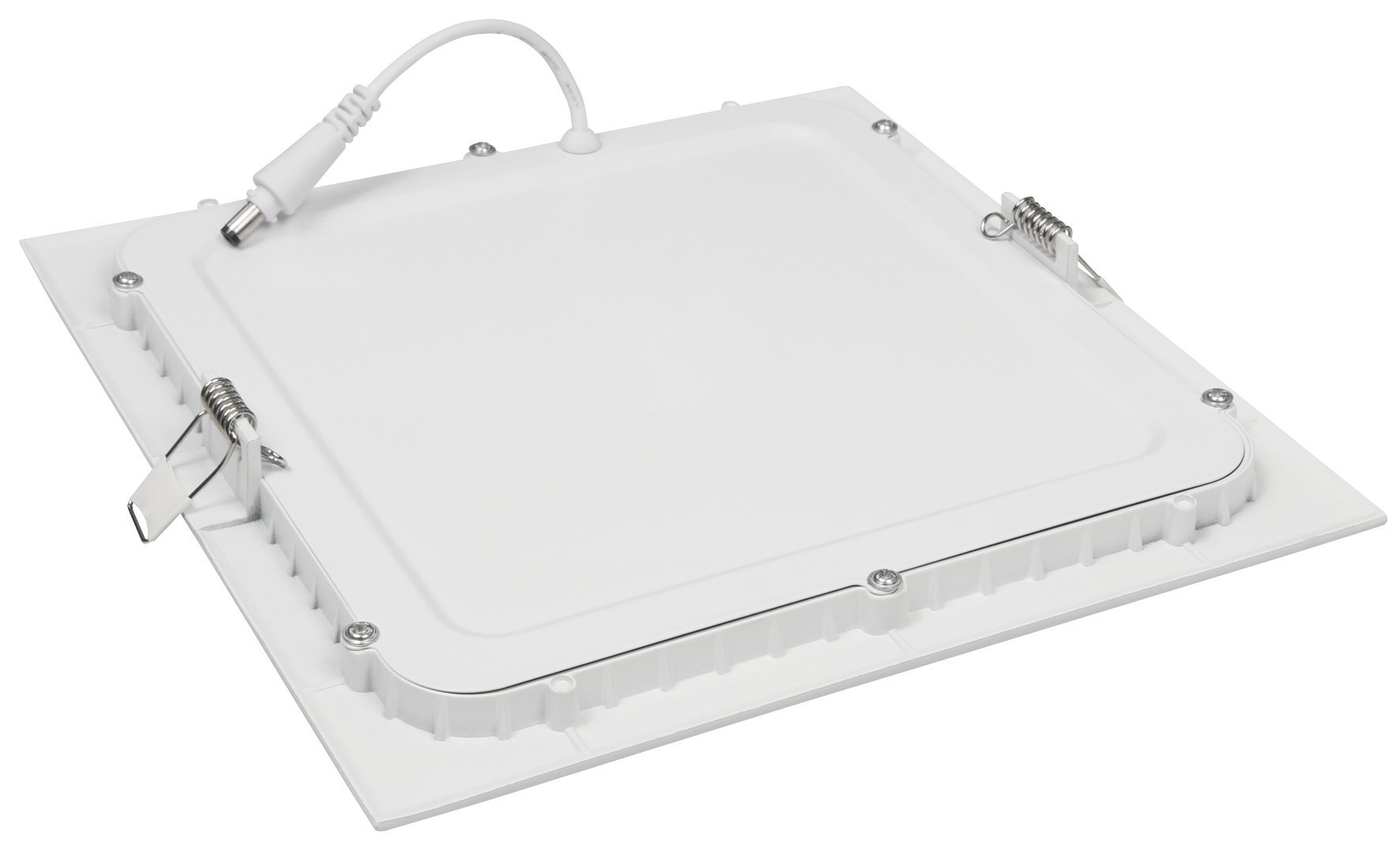 Quadratische weiße LED-Panel-Leuchte. Hat einen Draht und Metallklammern. Isoliert auf weißem Hintergrund.