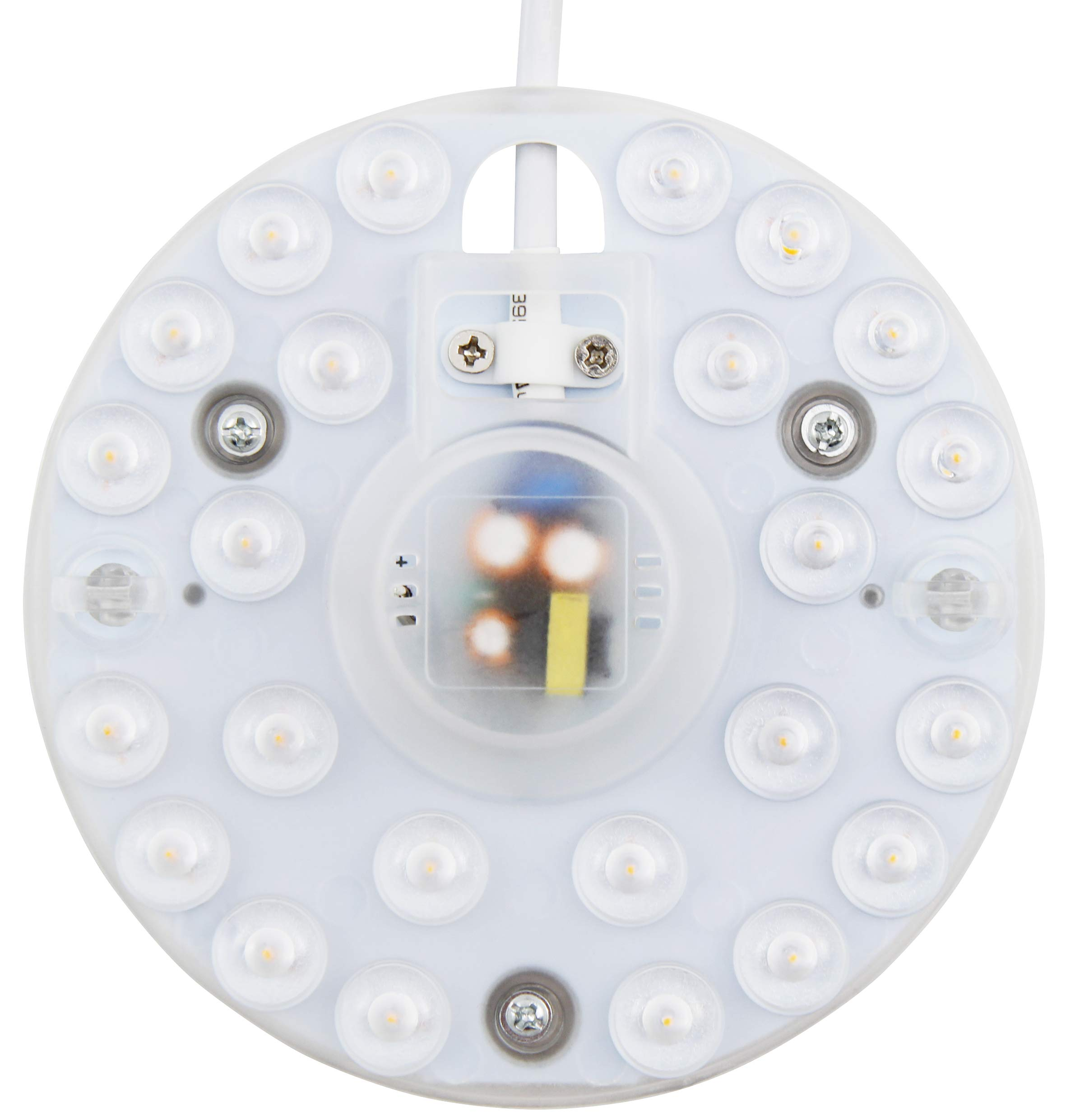 Nahaufnahme eines kreisförmigen LED-Lichtpanels mit zahlreichen LED-Leuchten und einer zentralen Schaltung.