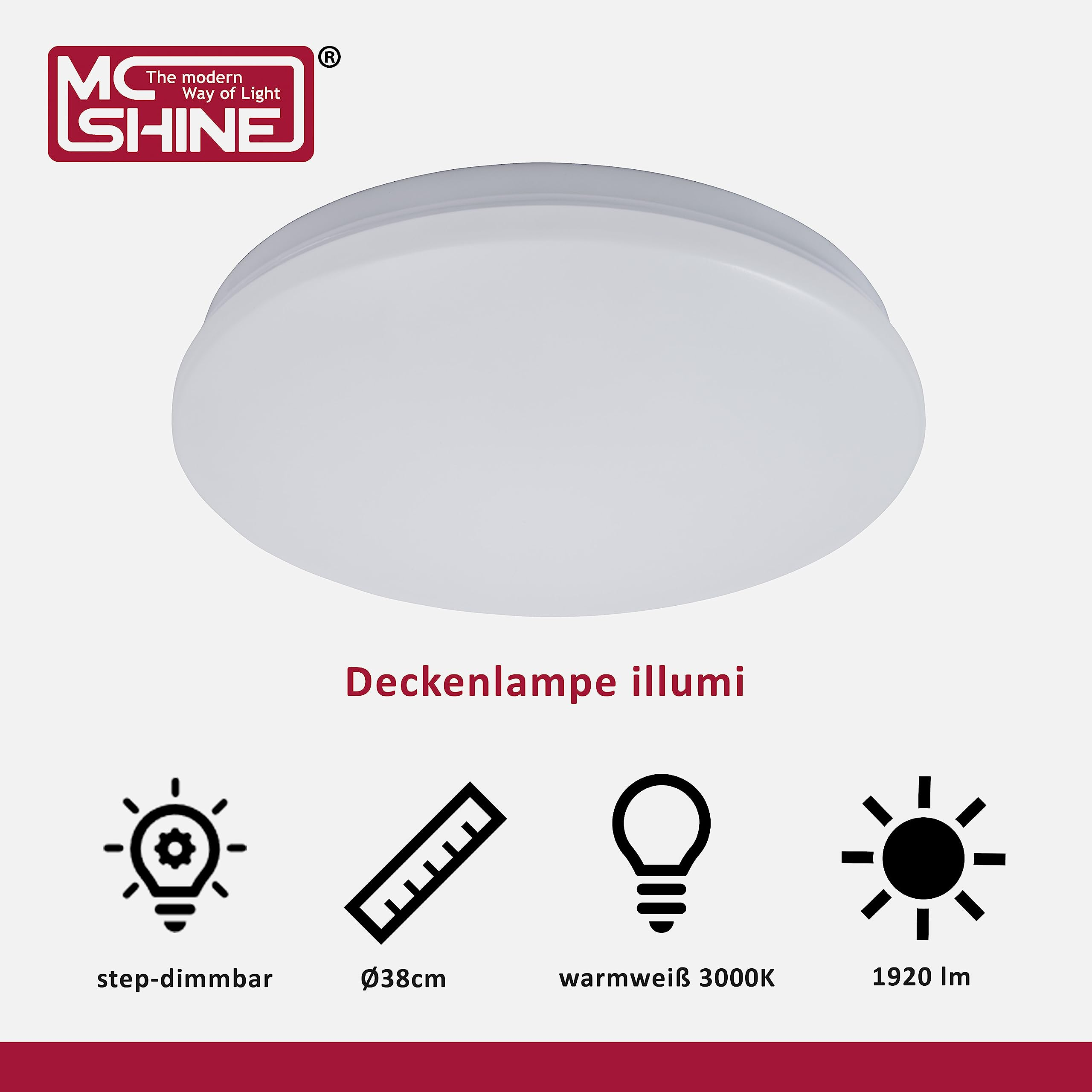 Eine weiße runde Deckenlampe mit Logo und Text.